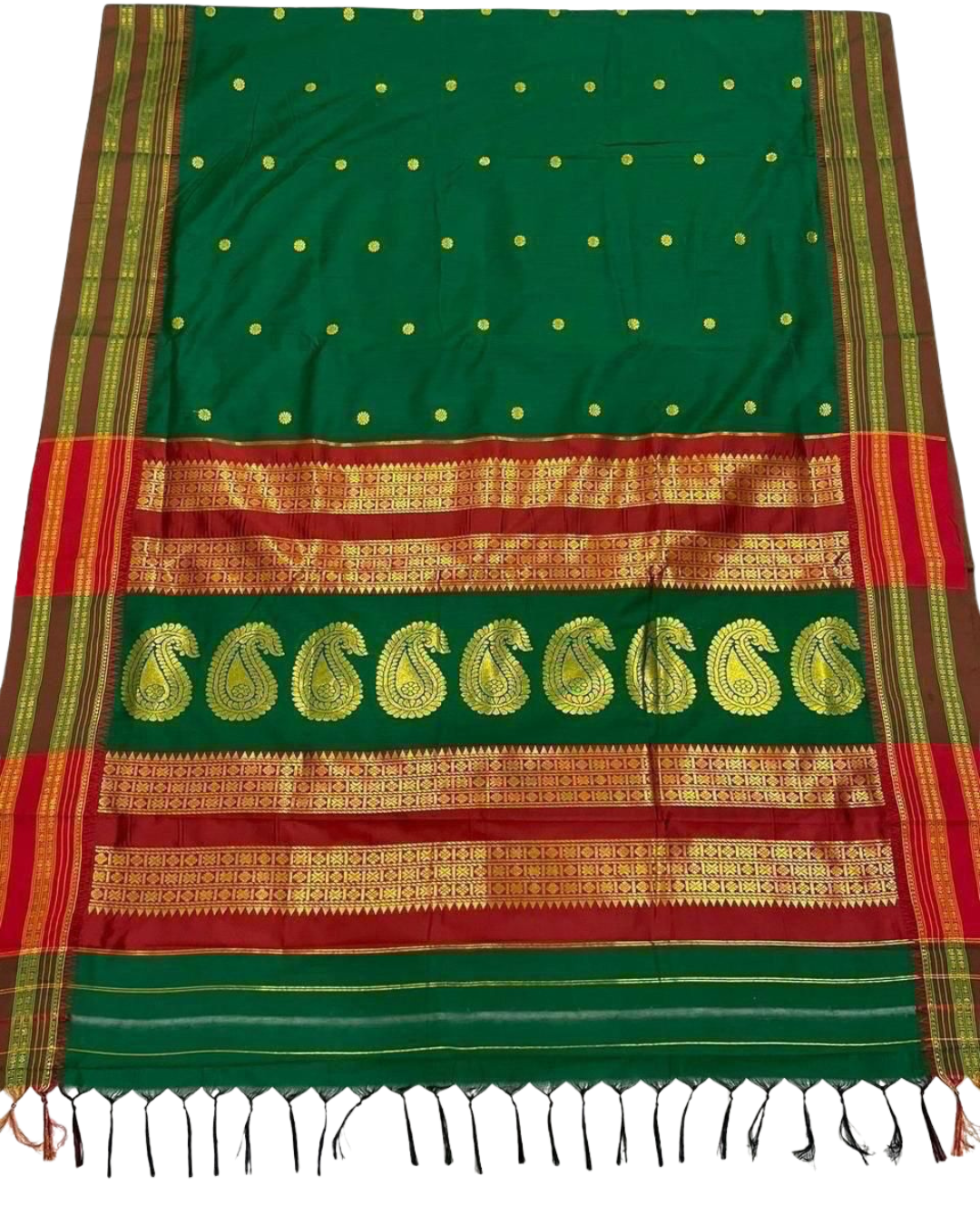 Dark Green Special Narayanpeth Border Red & Golden Pallu Saree