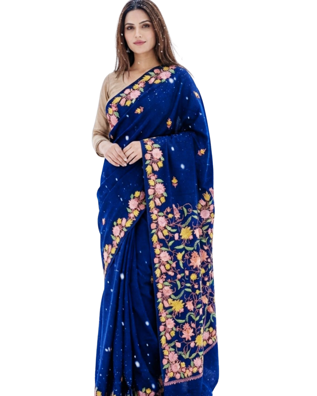 Beautiful Kashmiri Handloom Crepe Saree With Authentic Aari Embroidery Work