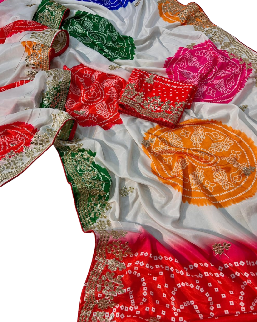 Bandhani Saree with Butti & Cut Work - Chinon Silk with Running Work Blouse