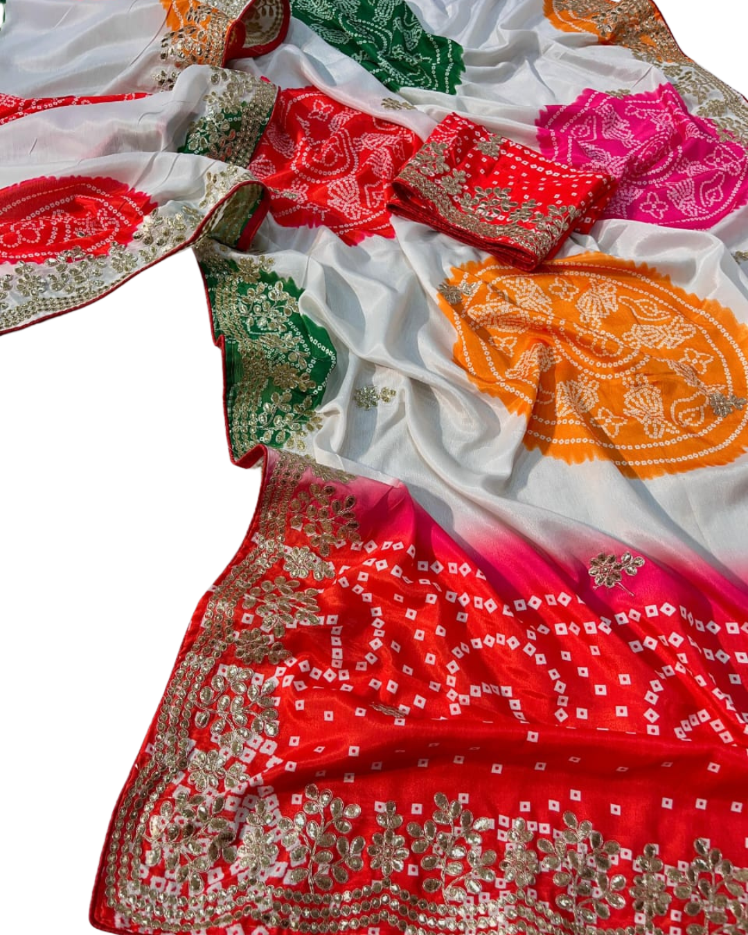 Bandhani Saree with Butti & Cut Work - Chinon Silk with Running Work Blouse