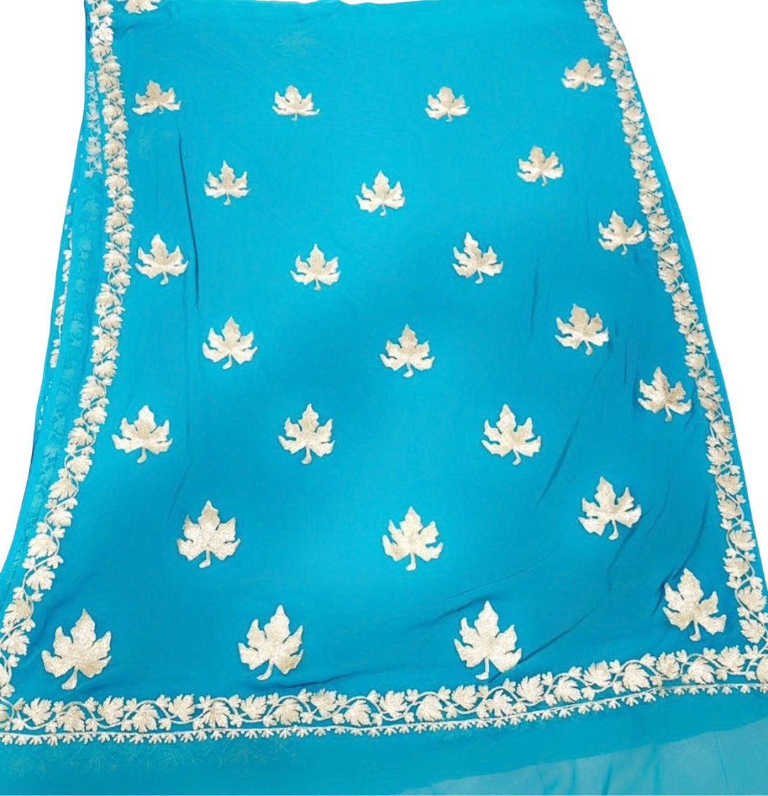 Aqua Blue Georgette Saree with Silver Leaf Hand Embroidery