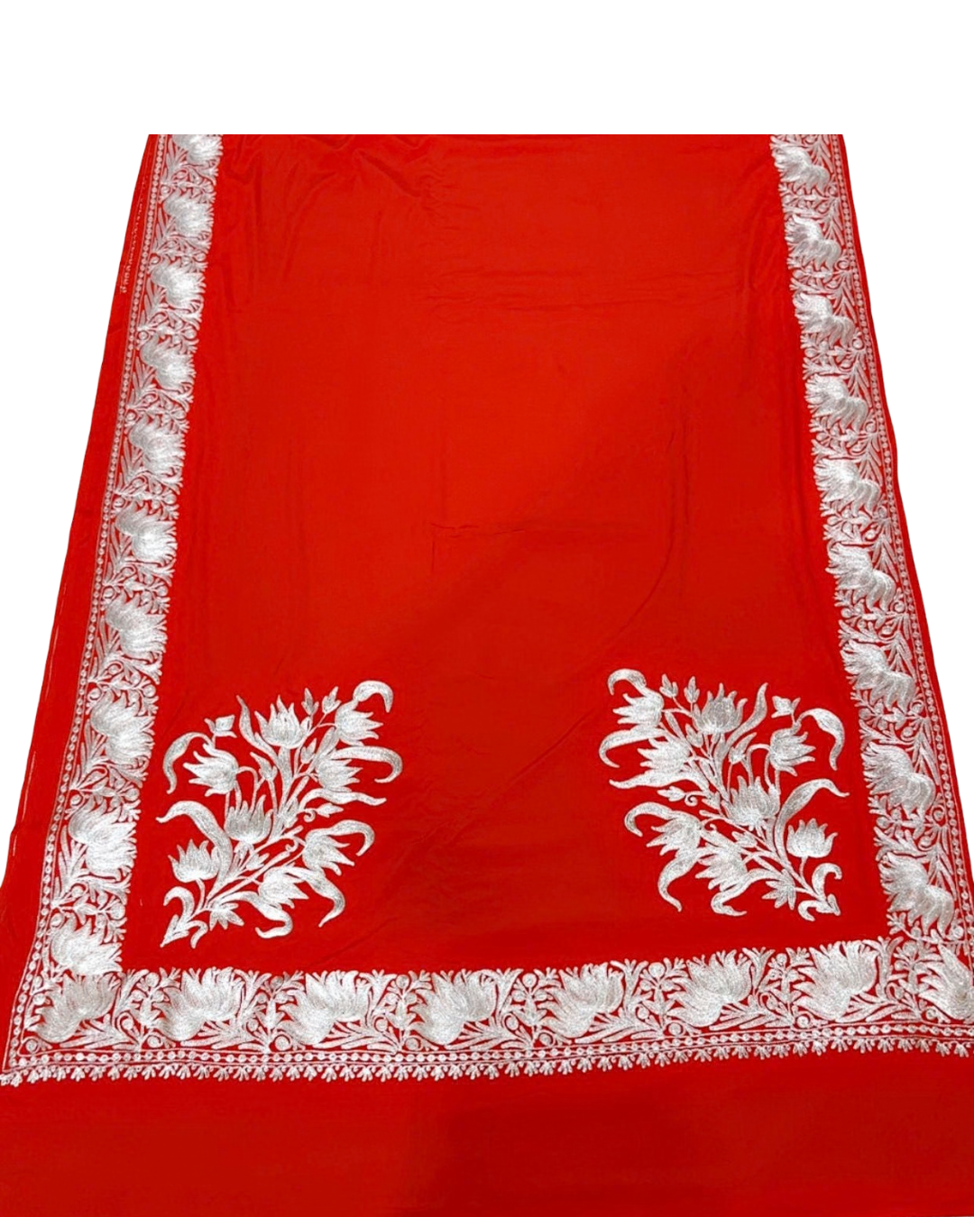 Stunning Red Crepe Saree with Exquisite Silver Tilla Embroidery