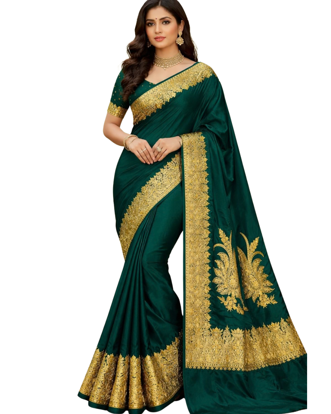Regal Emerald Green Pure Crepe Saree with Golden Tilla Embroidery