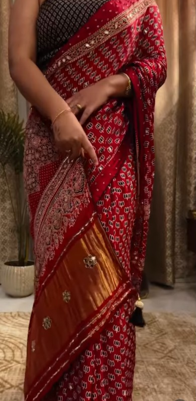 Exclusive Ajrakh Handblock Print Pure Modal Silk Saree | Real Mirror Work | Real Zari Pallu