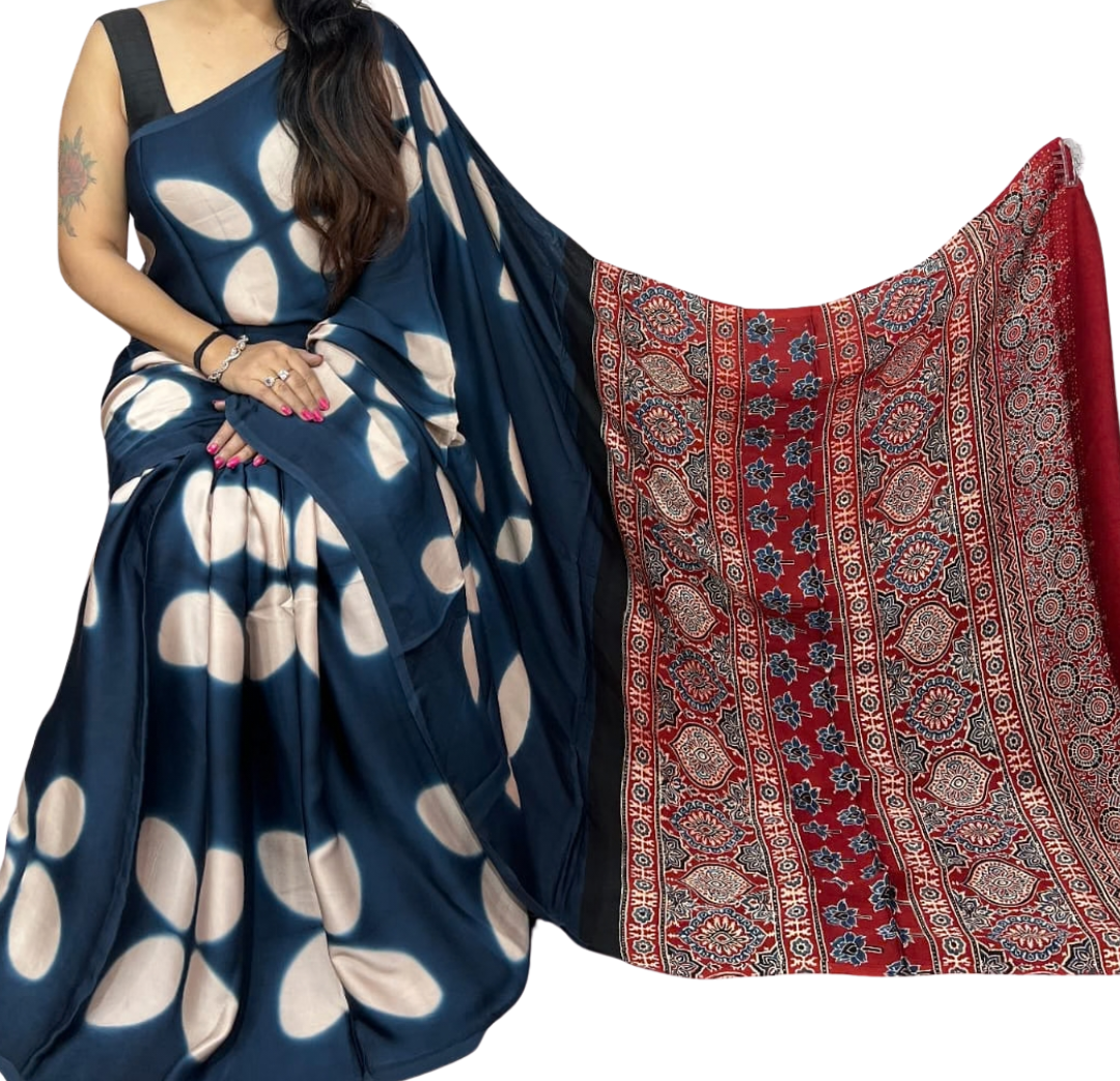 Deep Navy Blue Clamp Dyeing Pure Modal Silk Saree with Ajrakh Handblock Print Pallu