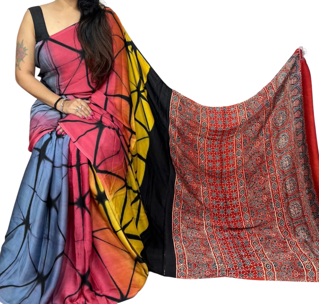 Clamp Dyeing Pure Modal Silk Saree with Ajrakh Handblock Print Pallu