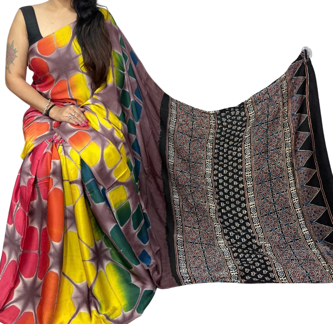 Clamp Dyeing Pure Modal Silk Saree with Ajrakh Handblock Print Pallu