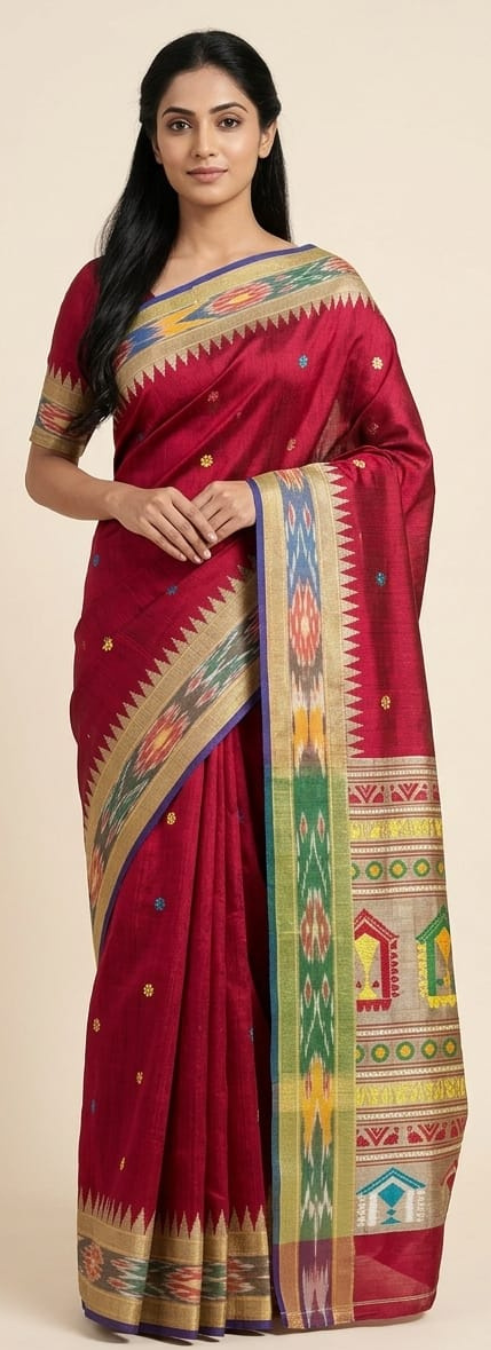 Pure Raw Silk Handloom Saree | Dolabedi Pallu | Temple Border | All Over Body Booti | Chhattisgarh Handloom