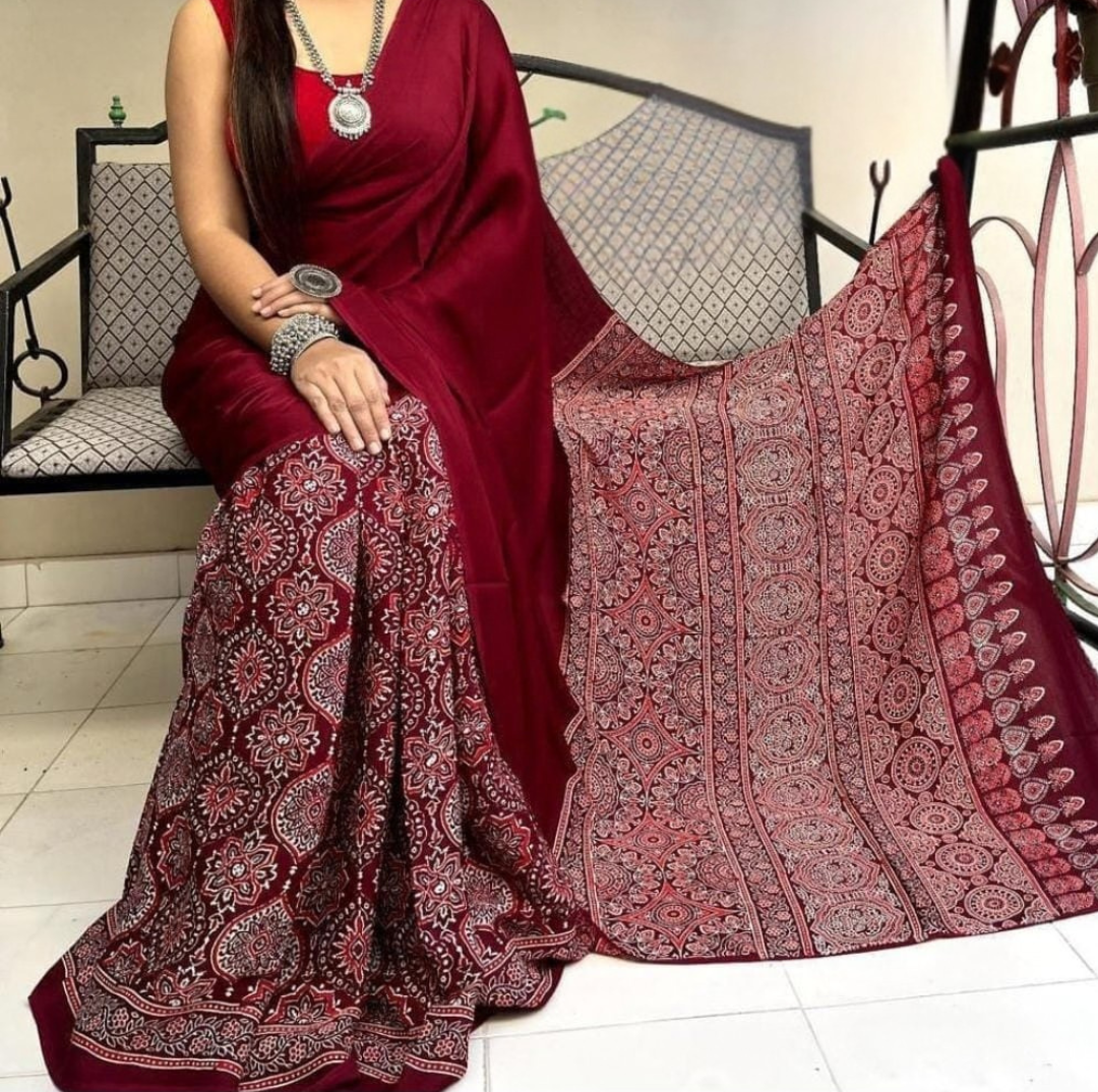 Pure Modal Silk Ajrakh Hand-Block Print Saree – Natural Dye