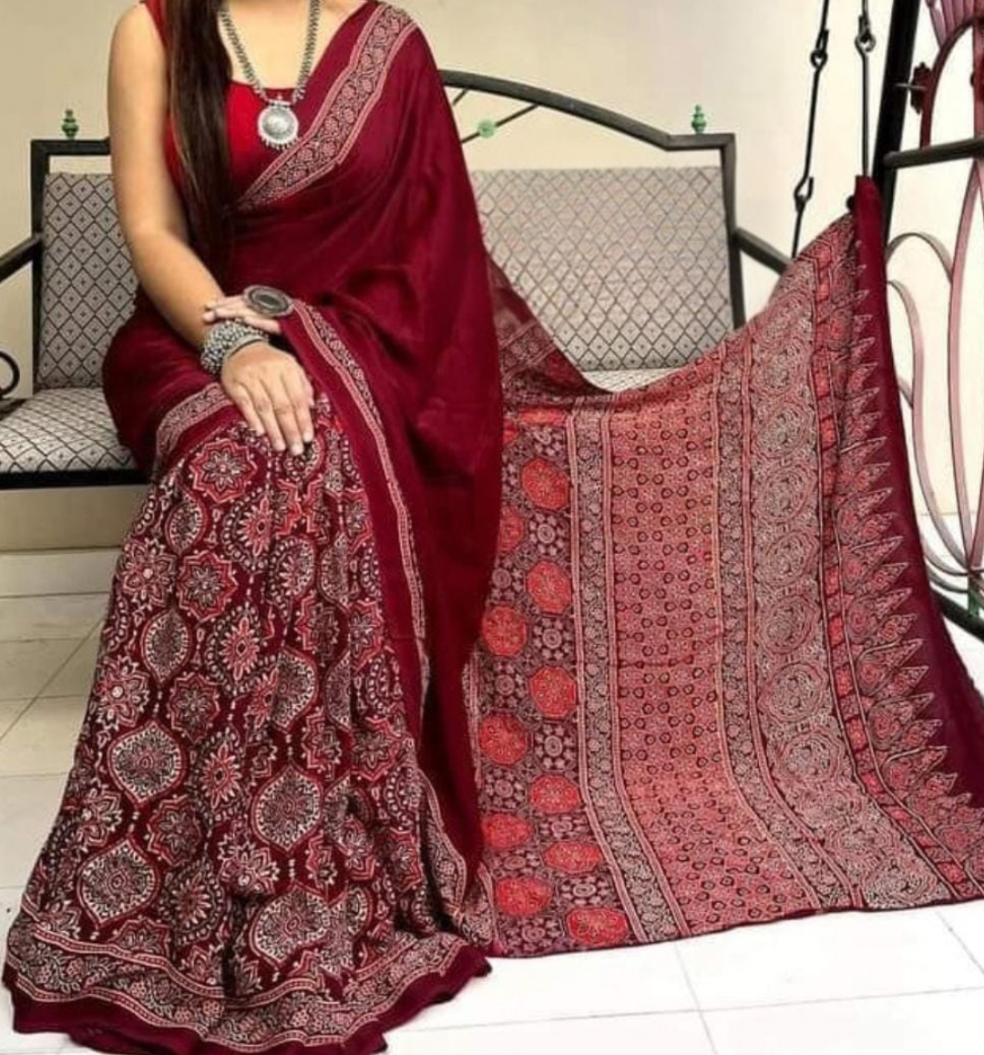 Maroon Color Pure Modal Silk Authentic Ajrakh Print Saree