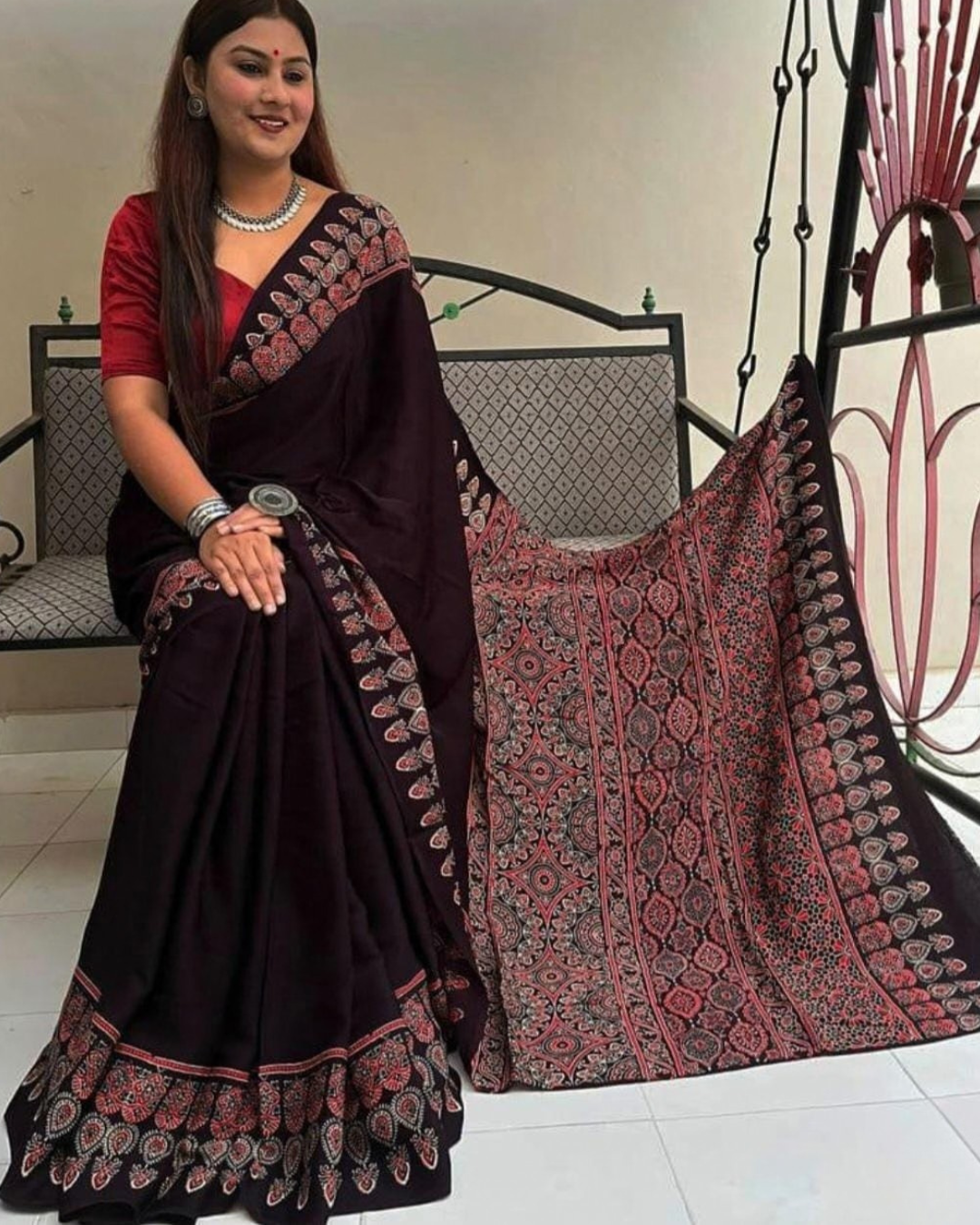 Ajrakh Handblock Print Pure Modal Silk Saree