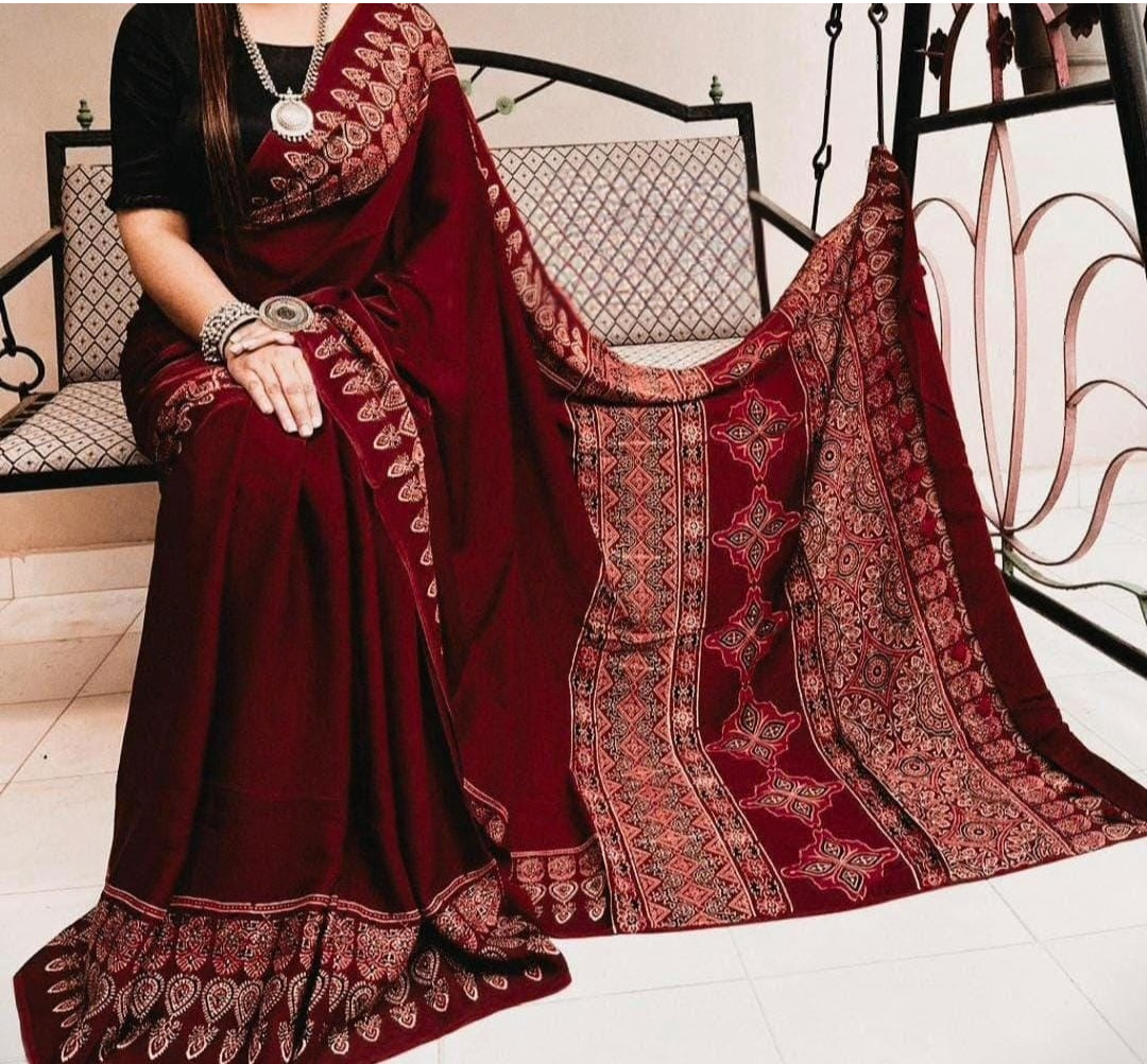 Deep Maroon Ajrakh Handblock Print Pure Modal Silk Saree