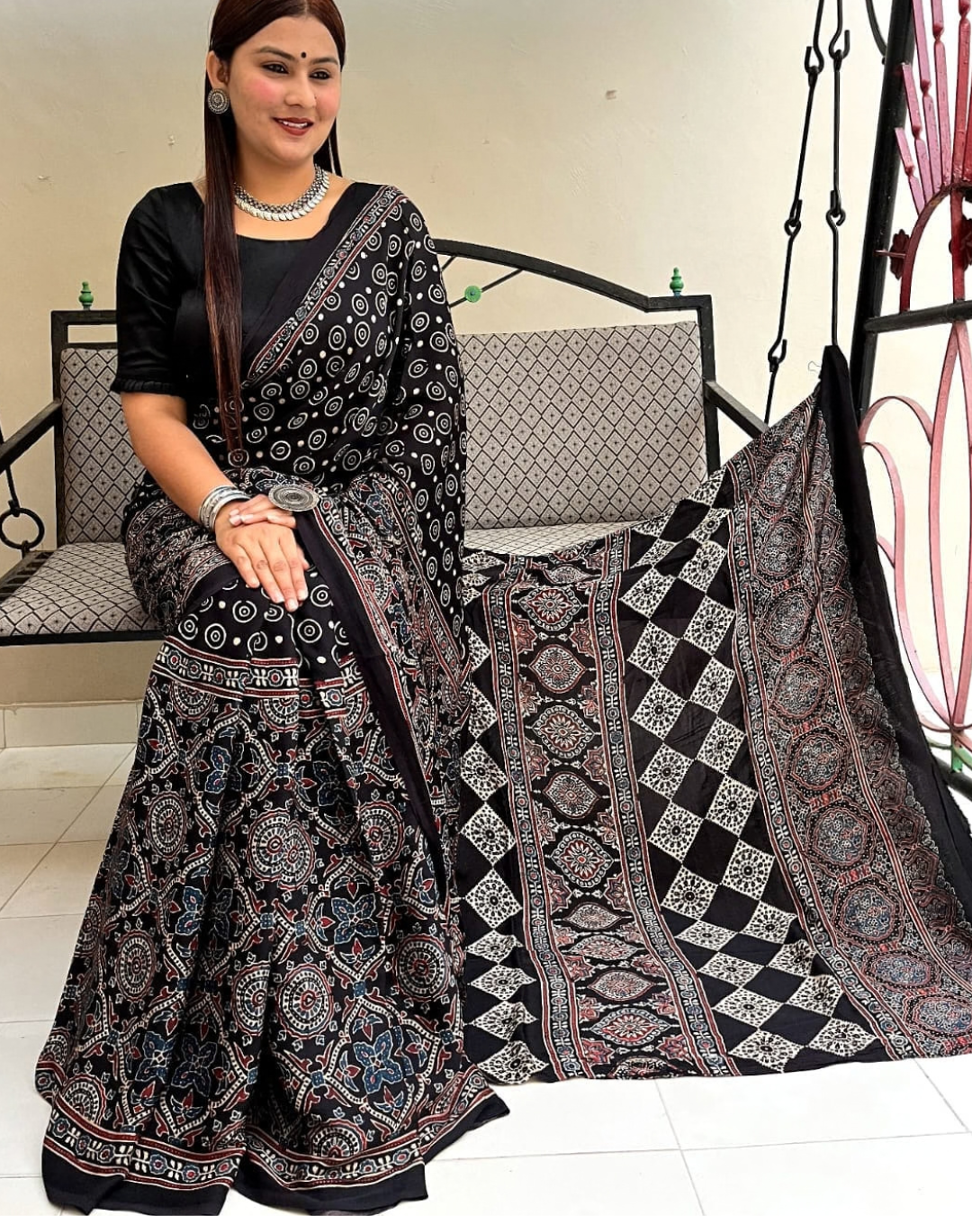 Black Ajrakh Hand Block Print Pure Modal Silk Saree