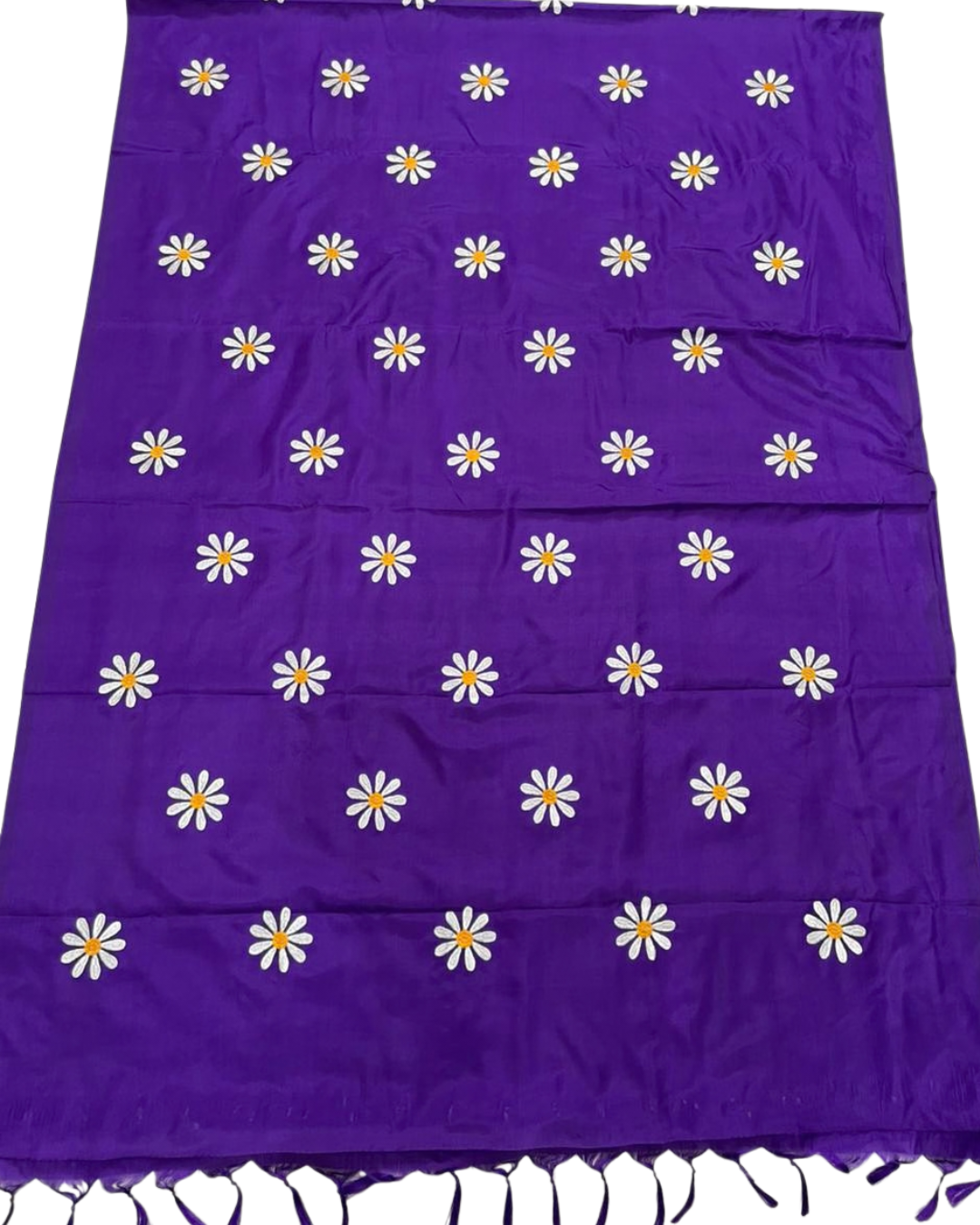 Malai Silk Saree with Sunflower Embroidery & Tassel Pallu