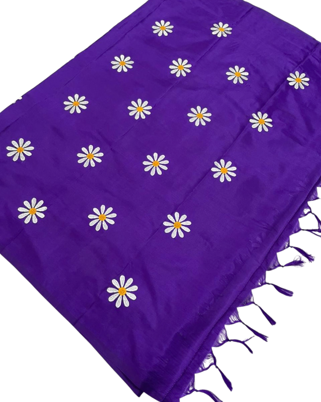 Malai Silk Saree with Sunflower Embroidery & Tassel Pallu