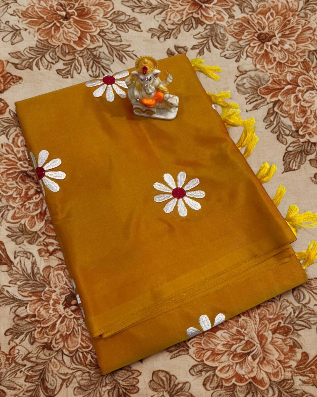 Malai Silk Saree with Sunflower Embroidery & Tassel Pallu