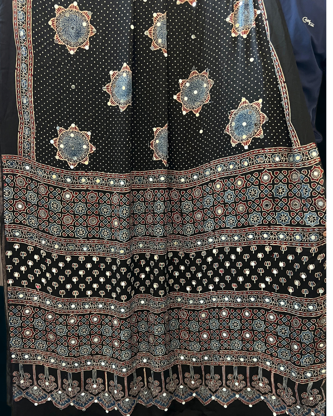 Ajrakh Modal Silk Saree – Authentic Hand Block Printed Handloom Saree With Mirror Work