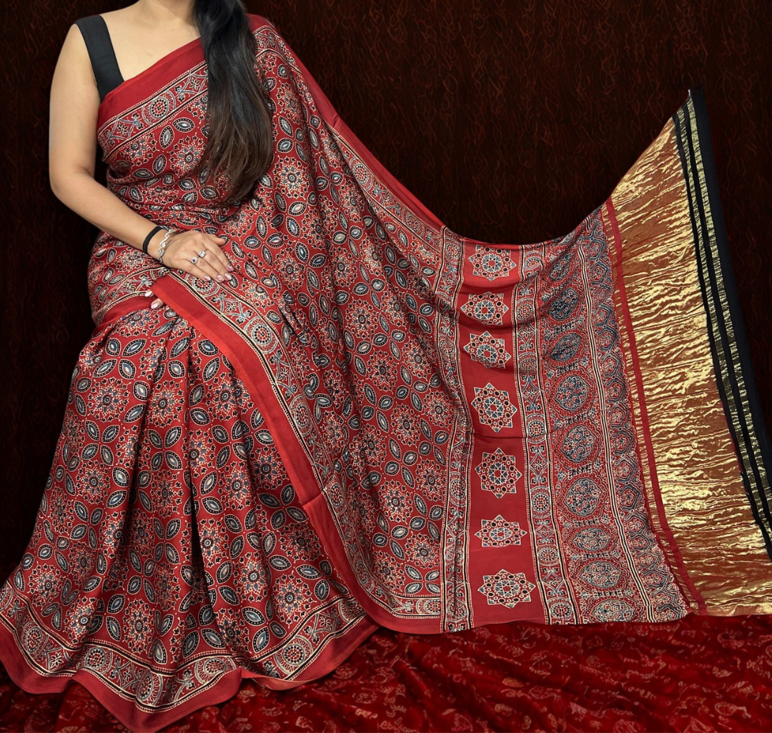 Pure Modal Silk Ajrakh Handblock Print Tissue Pallu Saree