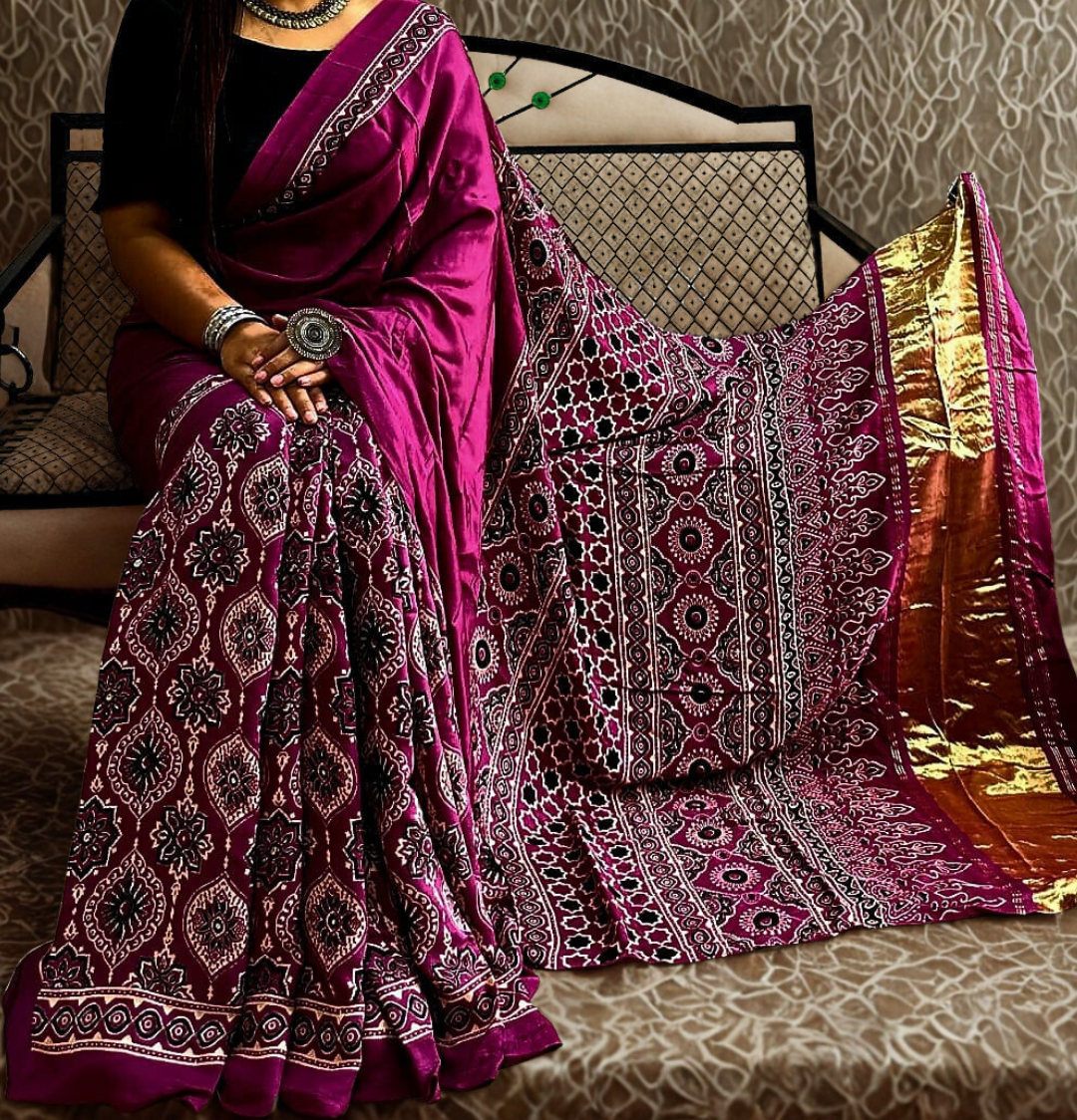 Magenta Pure Modal Silk Ajrakh Handblock Print Tissue Pallu Saree