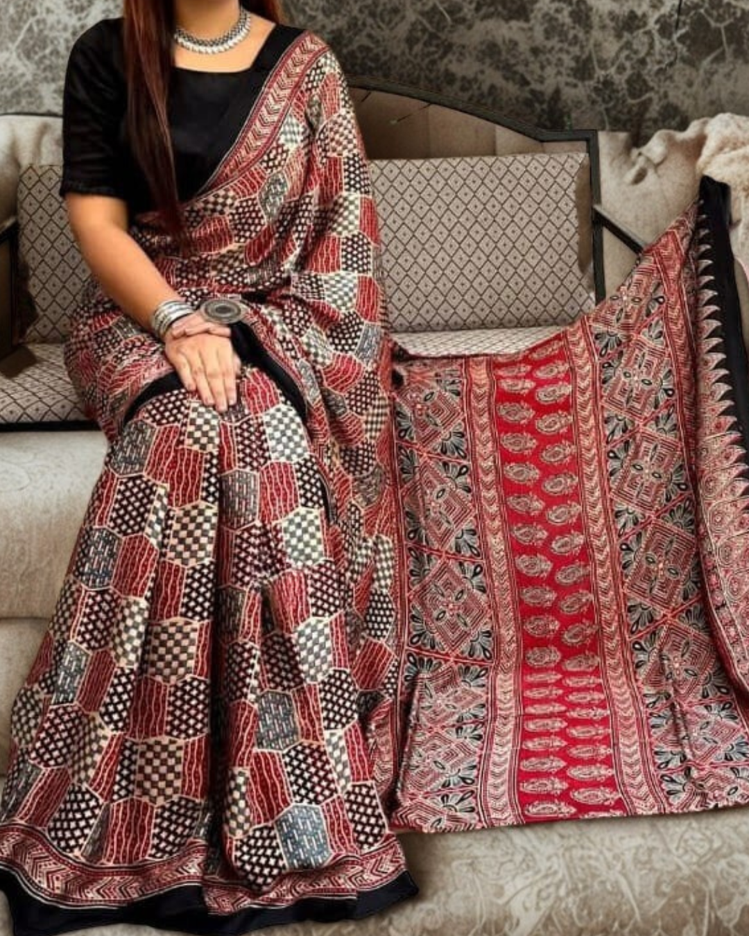 Pure Modal Silk Ajrakh Handblock Print Red Color Saree