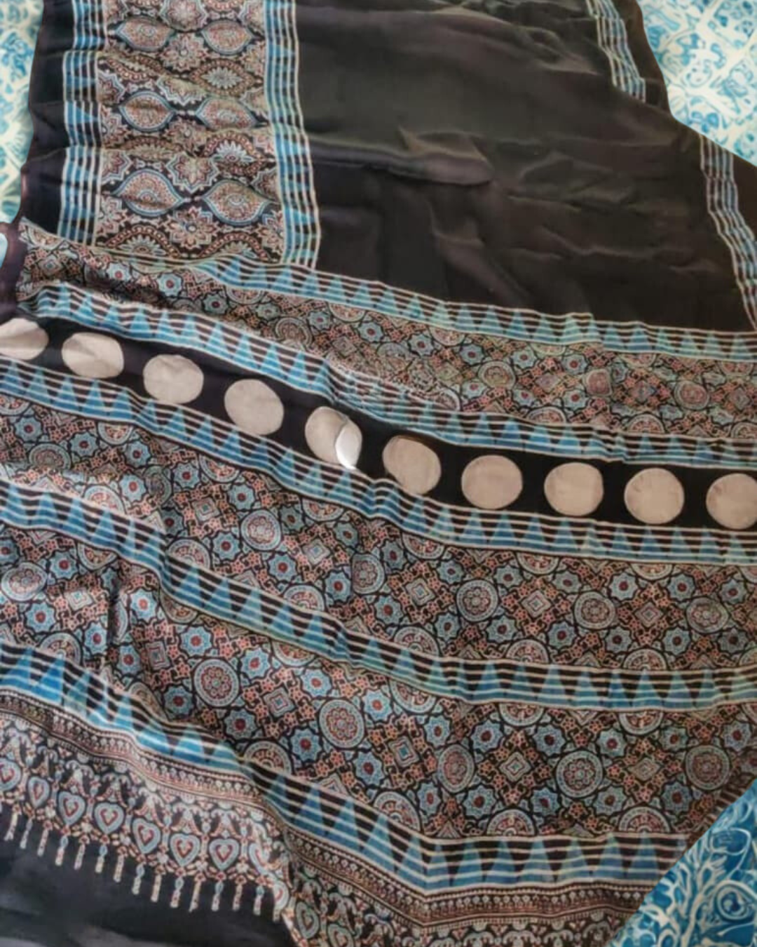 Pure Modal Silk Authentic Ajrakh Handblock Print Saree with Blouse
