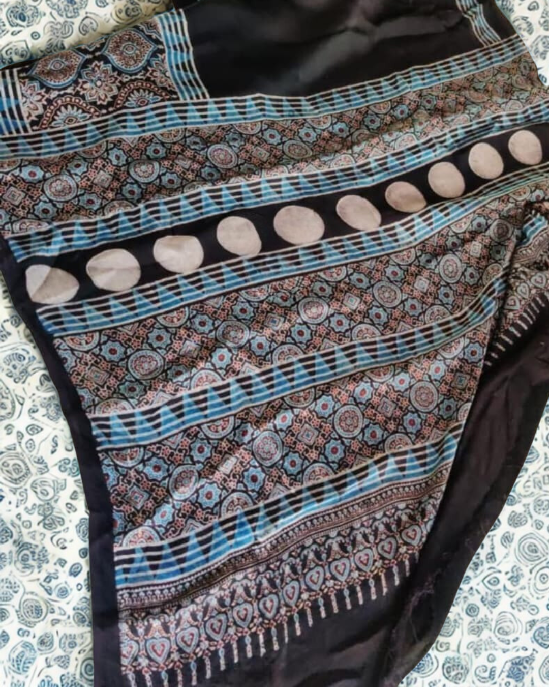 Pure Modal Silk Authentic Ajrakh Handblock Print Saree with Blouse