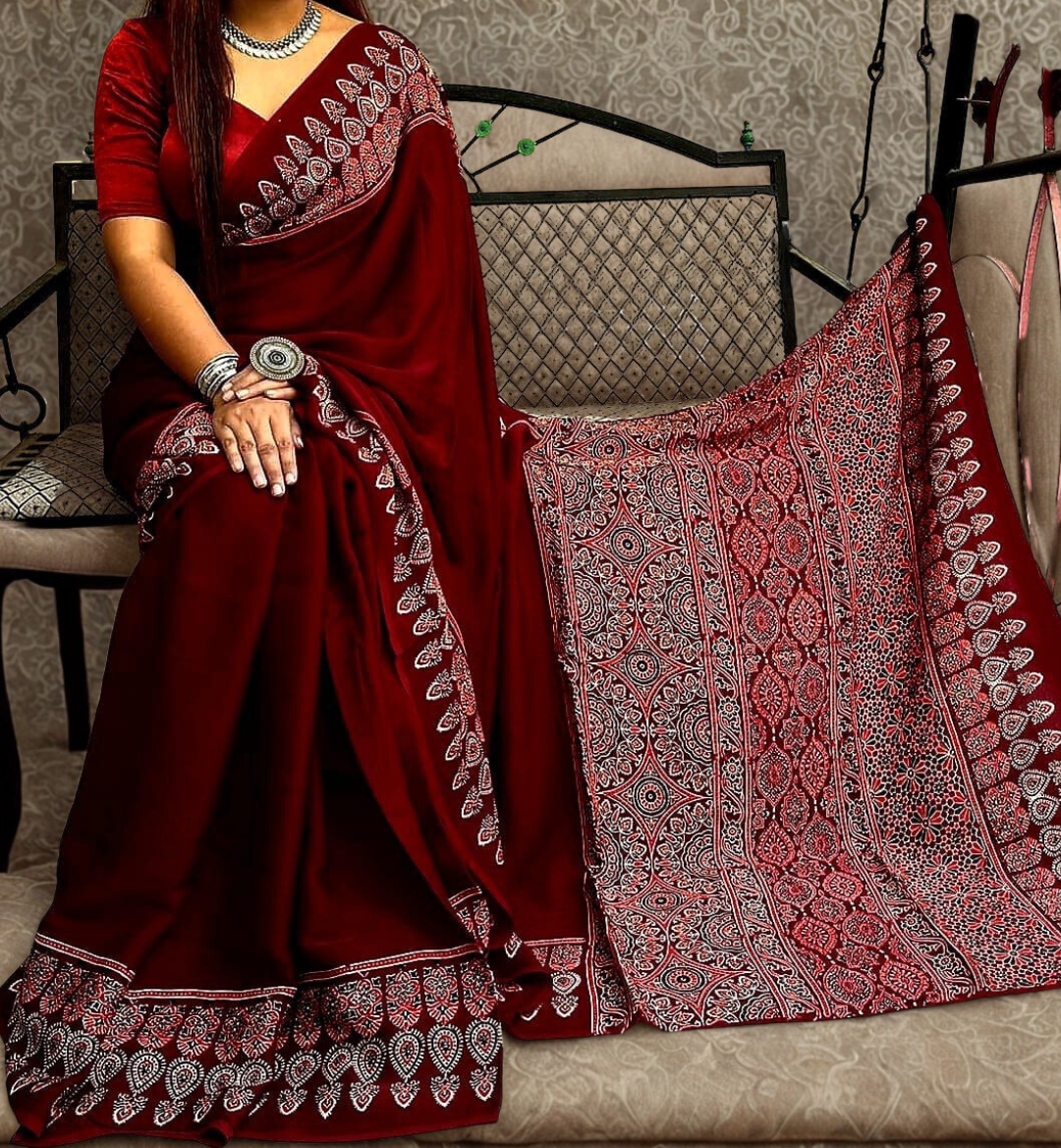 Maroon Ajrakh Handblock Print Pure Modal Silk Saree