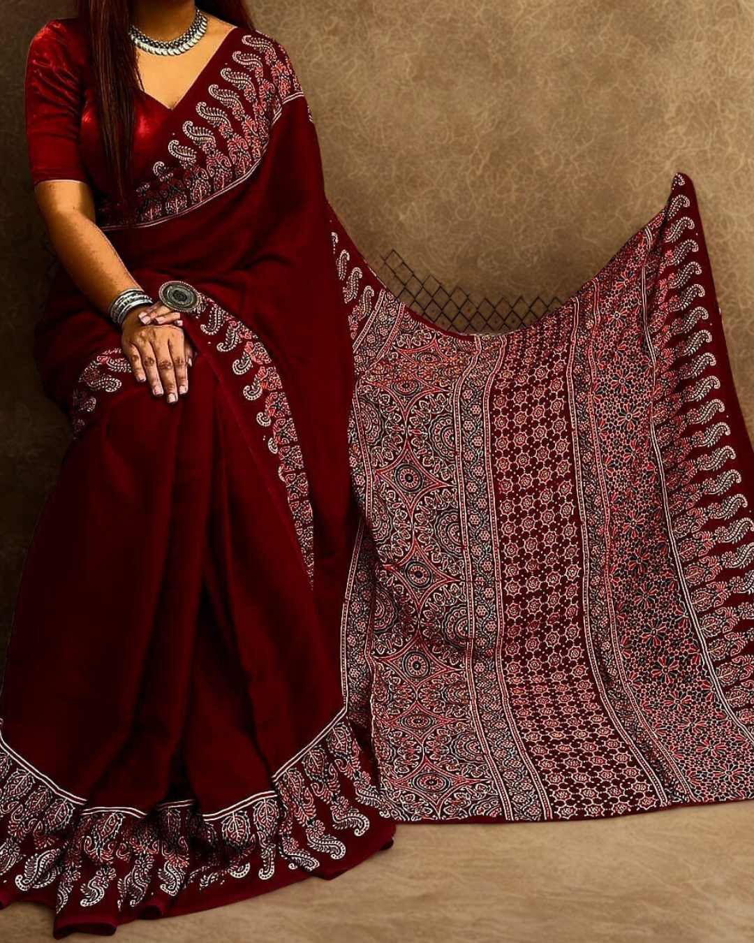 Pure Modal Silk Ajrakh Hand-Block Print Deep Maroon Saree