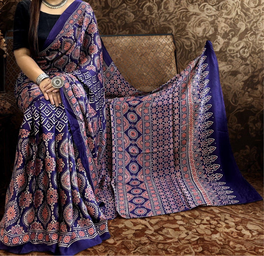 Ajrakh Handblock Print Pure Modal Silk Saree