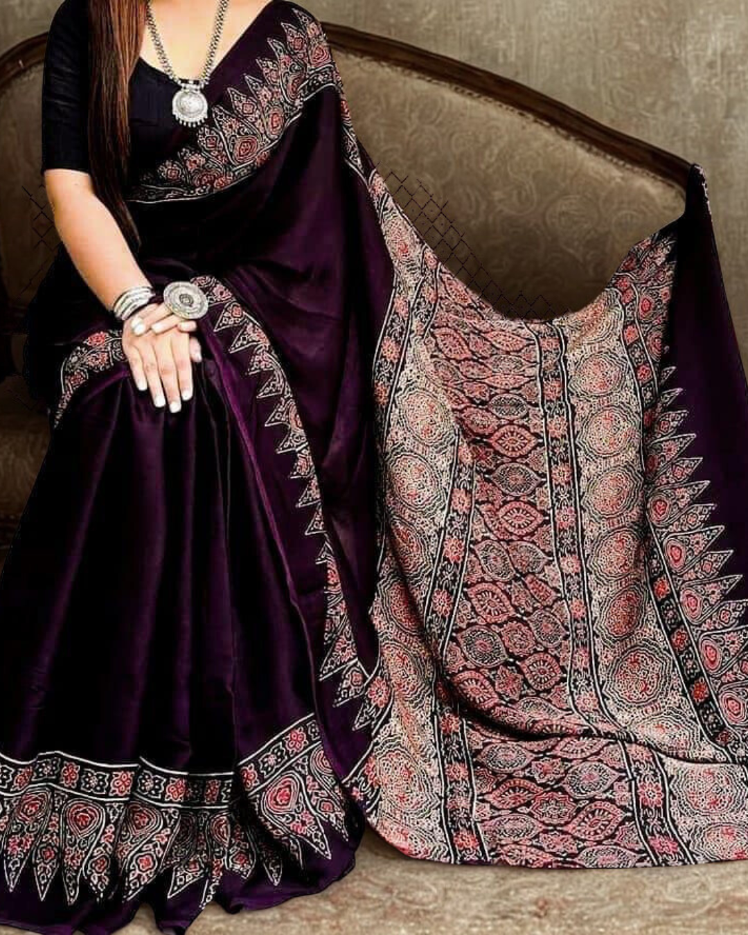 Ajrakh Handblock Print Pure Modal Silk Coffee Color Saree