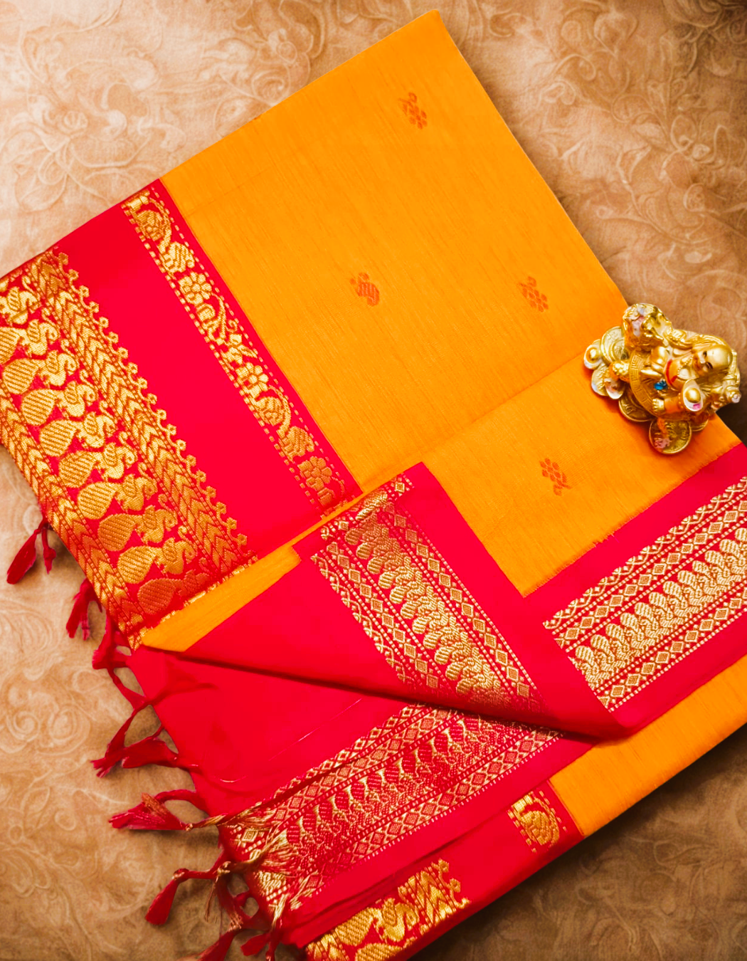 Pure Gadwal Saffron Orange with Crimson Red Border & Gold Zari Cotton Silk Saree