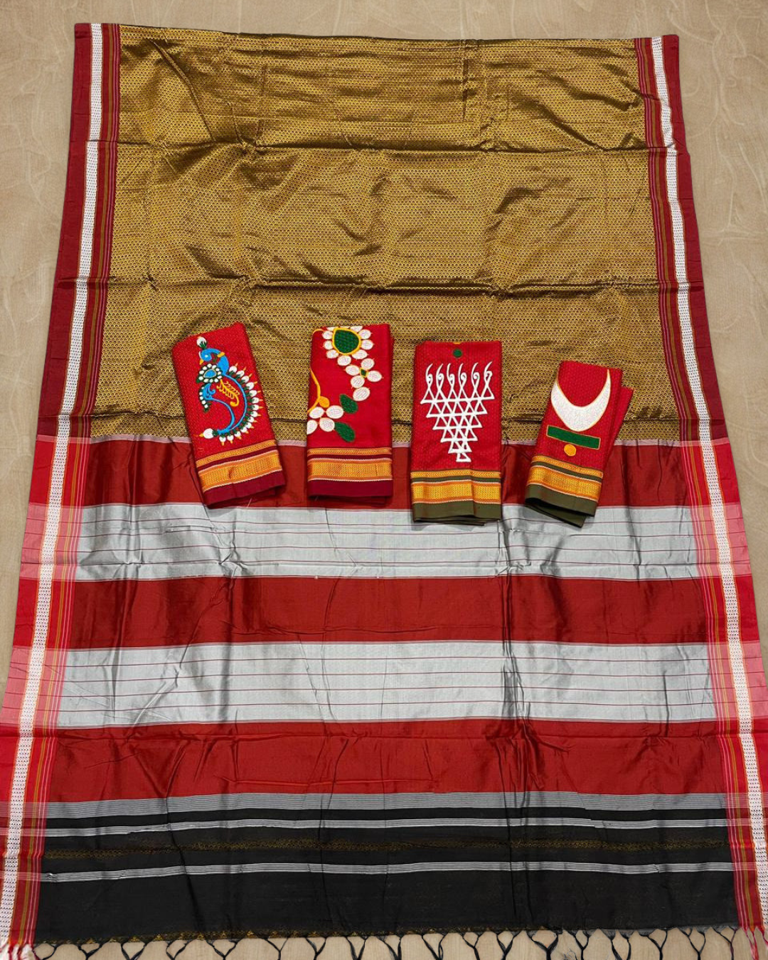 Golden Mustard with Red Contrast Border Resham Maharashtrian Khun Saree