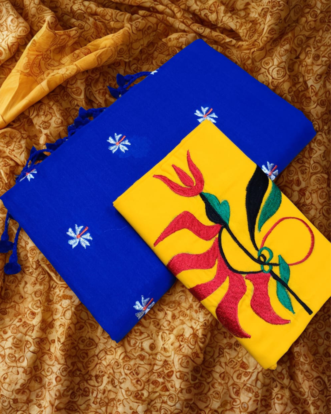 Khadi Cotton Saree with Shiuli Motif Embroidery With Contrast Blouse Piece