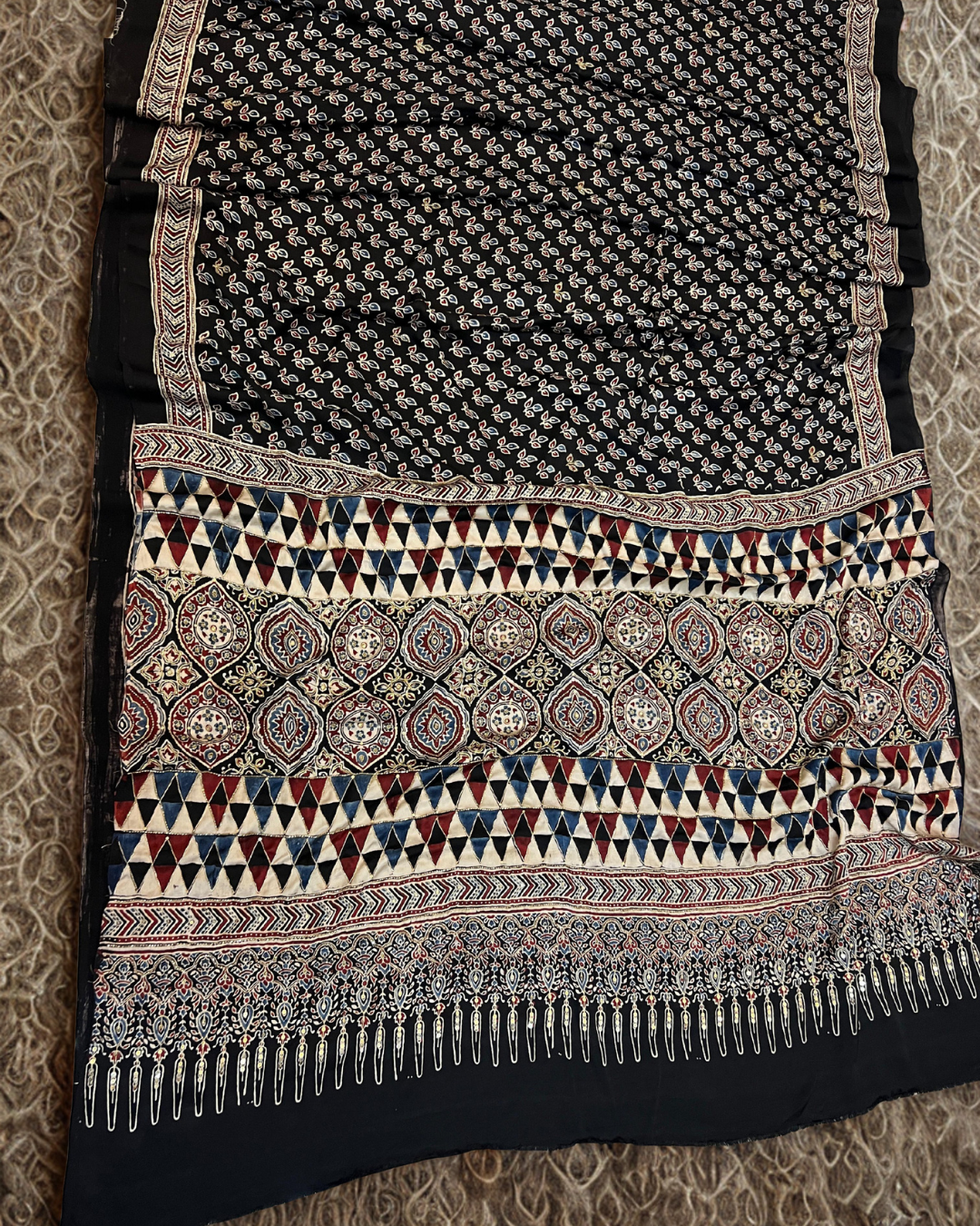Most Demanded Pure Modal Silk Ajrakh Hand Block Print Saree with Zardoshi Zari Hand Work