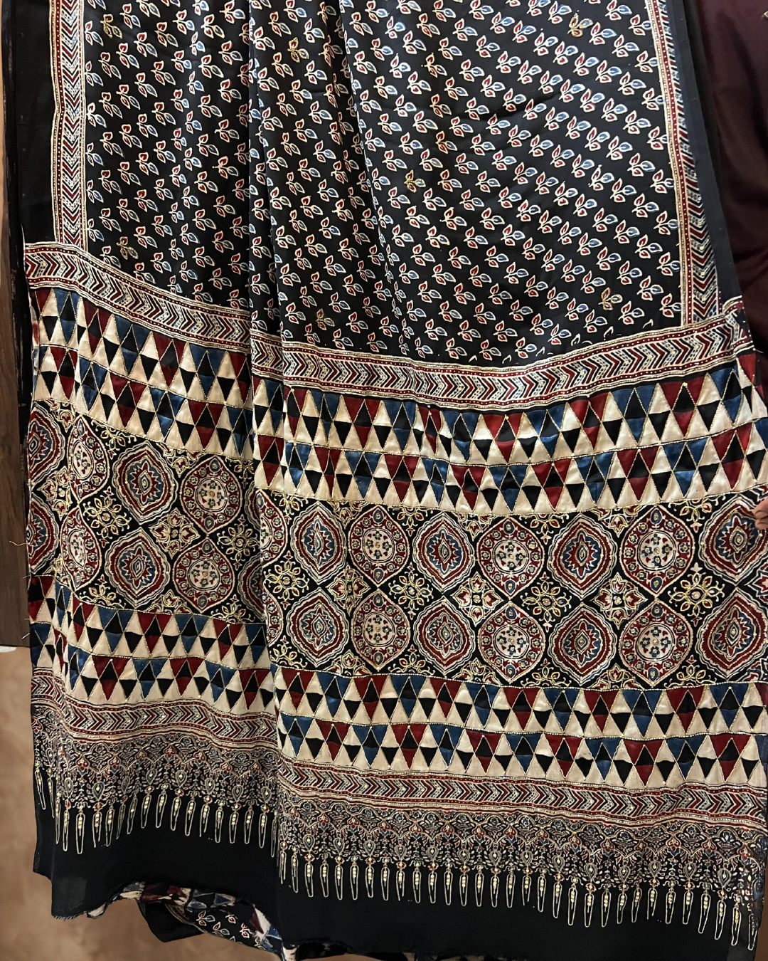 Most Demanded Pure Modal Silk Ajrakh Hand Block Print Saree with Zardoshi Zari Hand Work