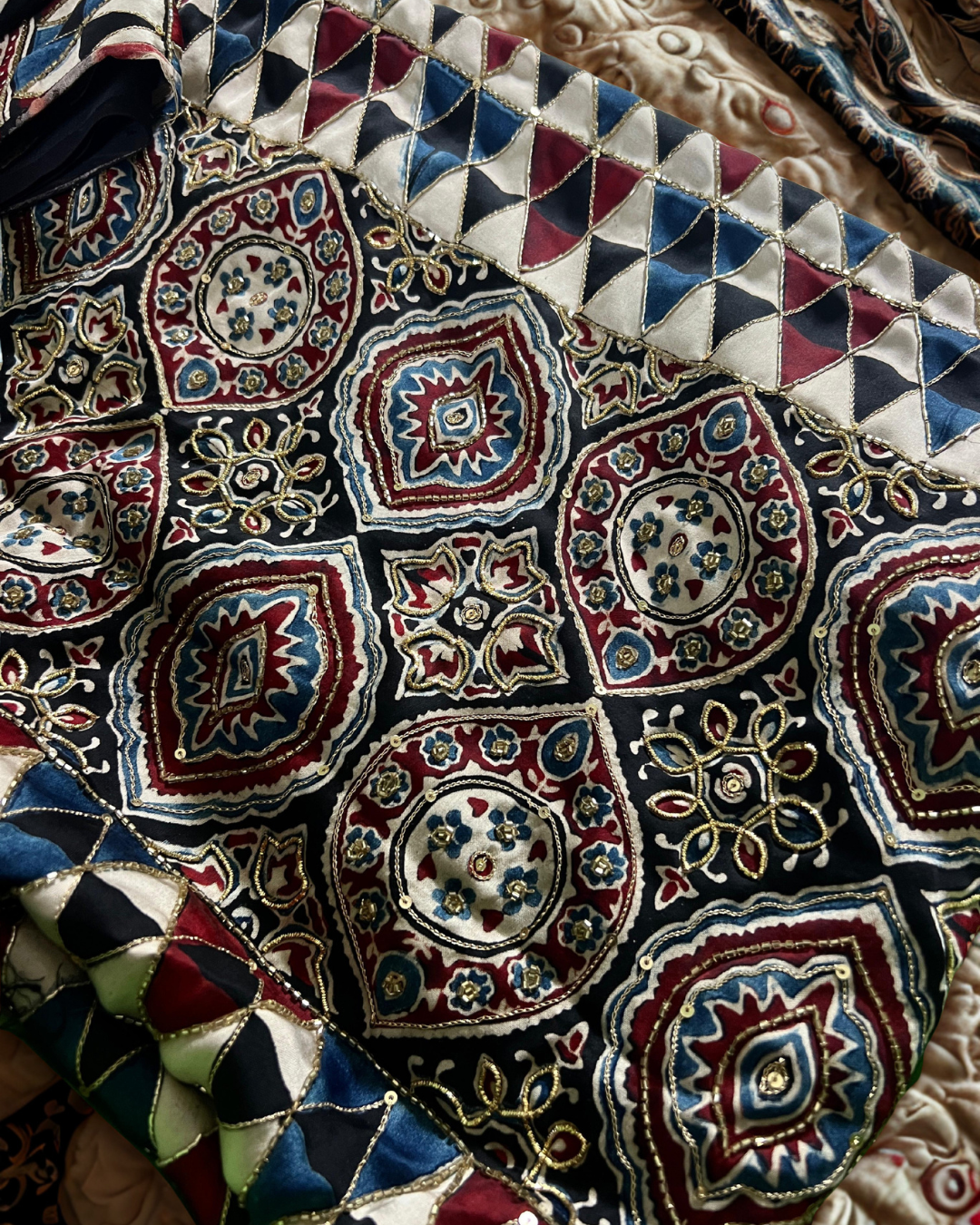 Most Demanded Pure Modal Silk Ajrakh Hand Block Print Saree with Zardoshi Zari Hand Work