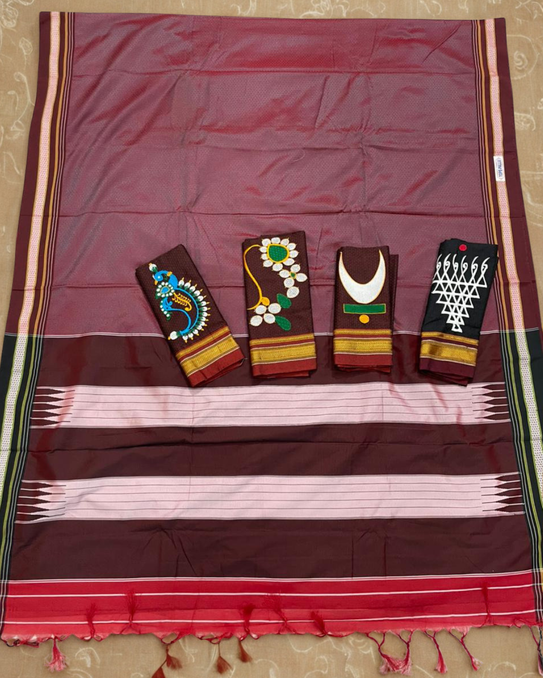 Rich Burgundy Resham Maharashtrian Khun Saree With Nath Motif Blouse Piece