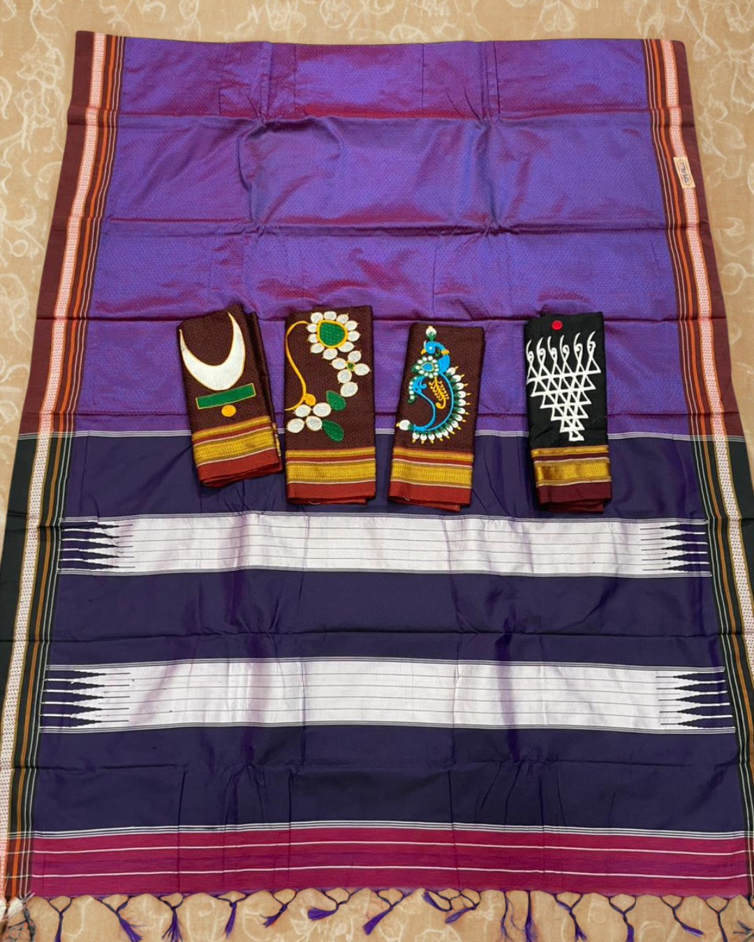 Purple & Maroon Resham Maharashtrian Khun Saree With Nath Motif Blouse Piece
