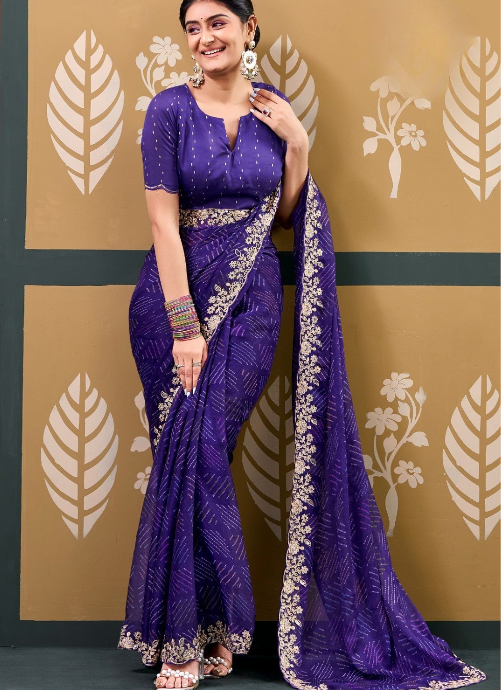 Chiffon Saree with Embroidery Work | Sequin Party Wear Saree