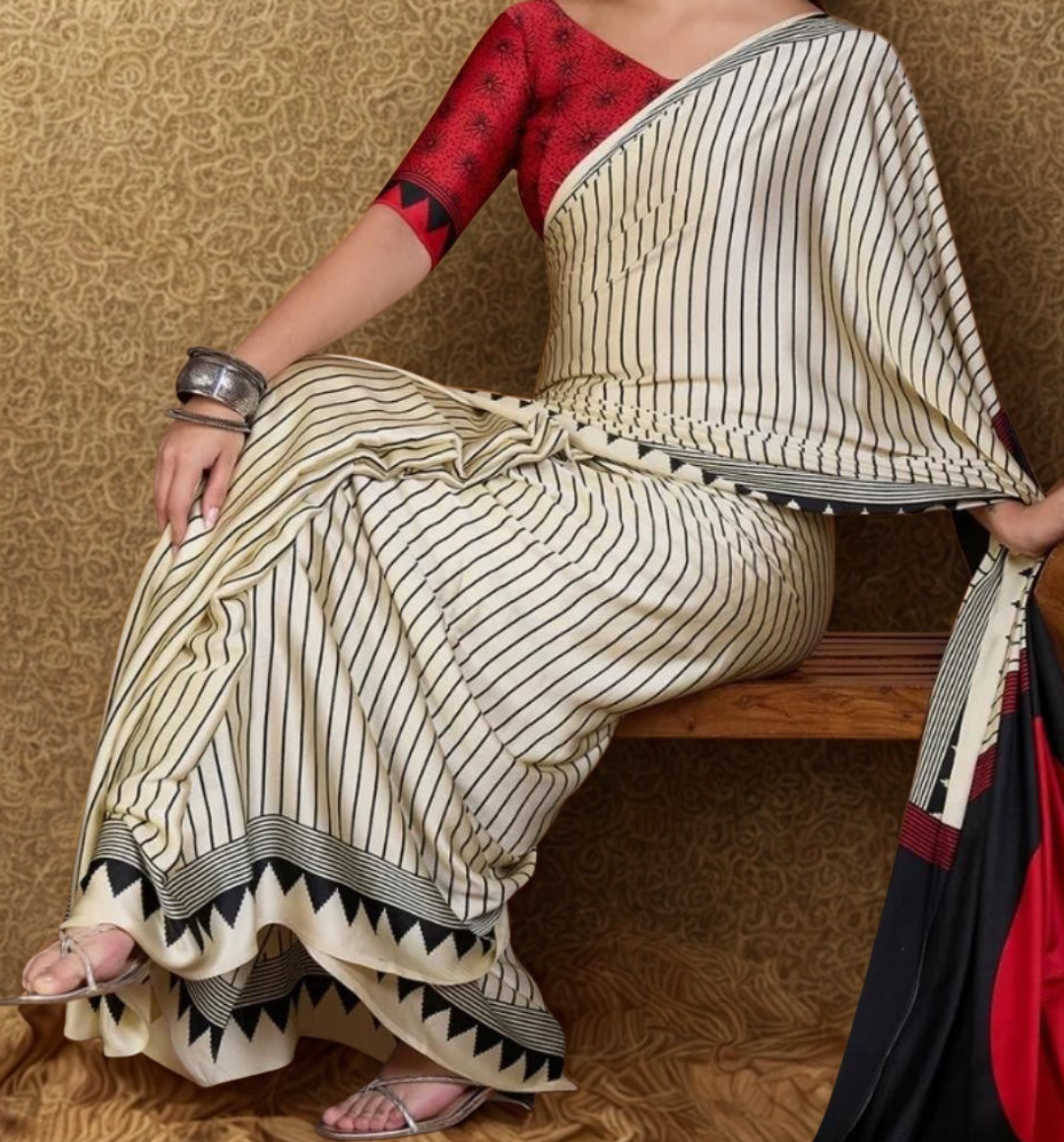 Authentic Stripe Handblock Print Modal Silk Saree