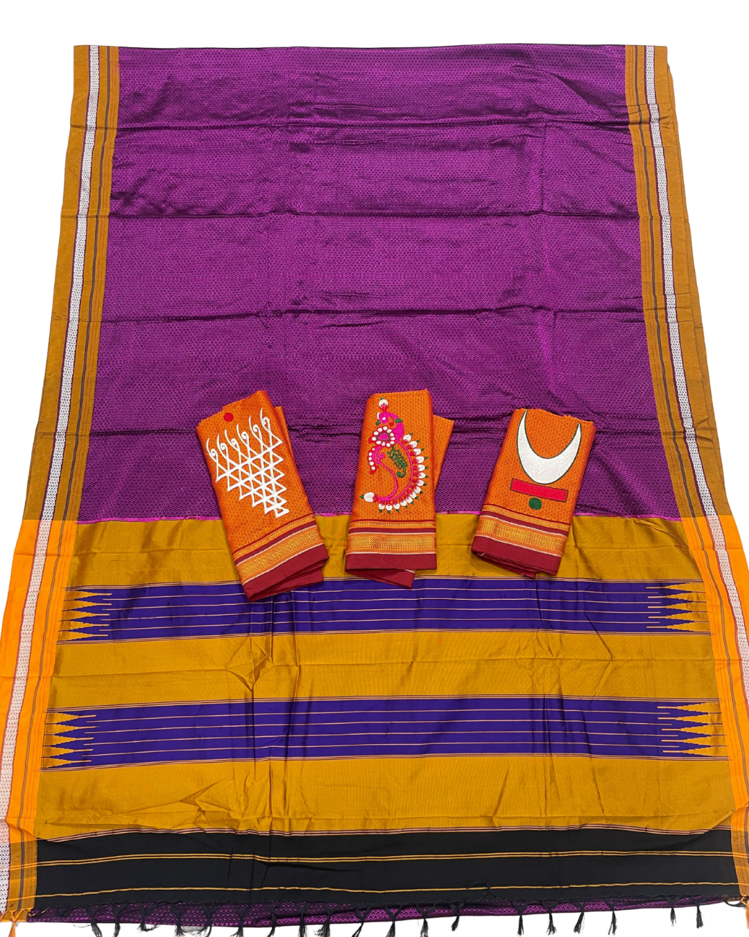 Deep Magenta Resham Khun Maharashtrian Saree with Contrast Orange Blouse Piece