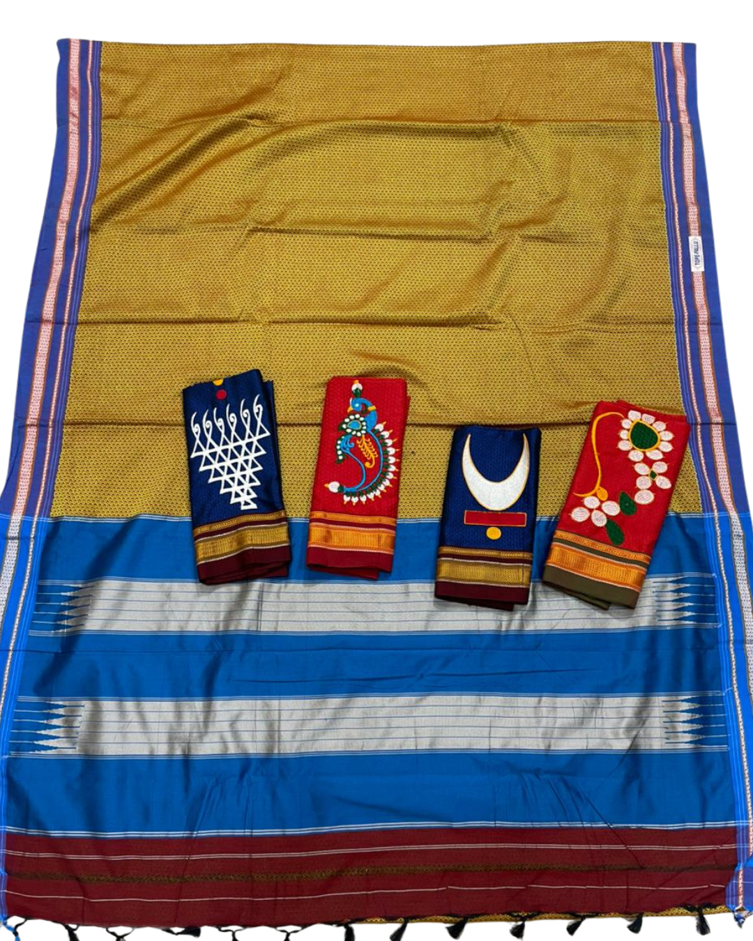 Mustard Gold Resham Khun Maharashtrian Saree with Royal Blue Border & Contrast Designer Blouse Options