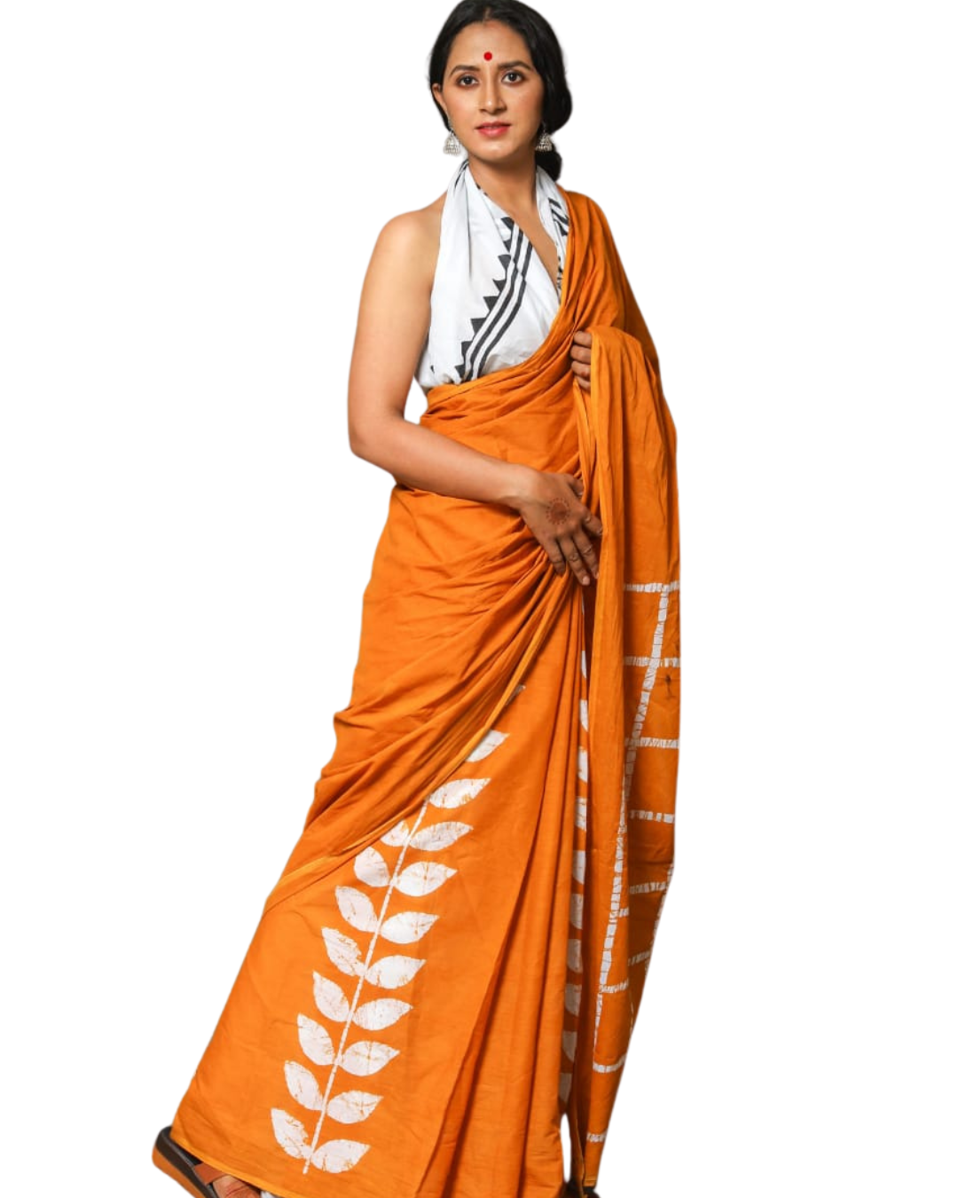 Pure Mulmul Cotton Bagru Print Saree with Contrast Blouse Piece