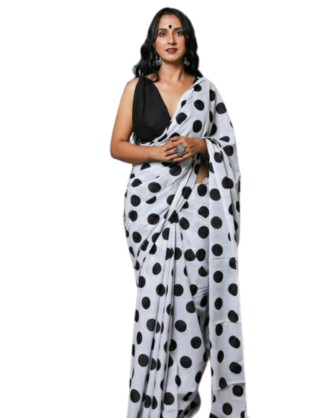Pure Cotton Polka Dot Print Mulmul Saree