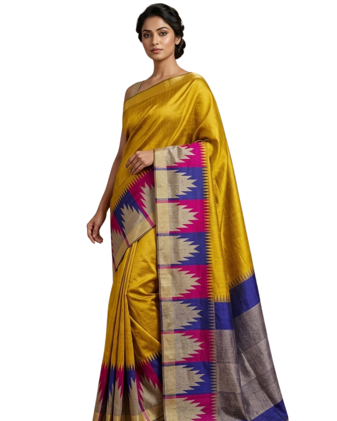 Mustard Golden Pure Raw Silk Tiranga Temple Border Saree with Contrast Blouse Piece
