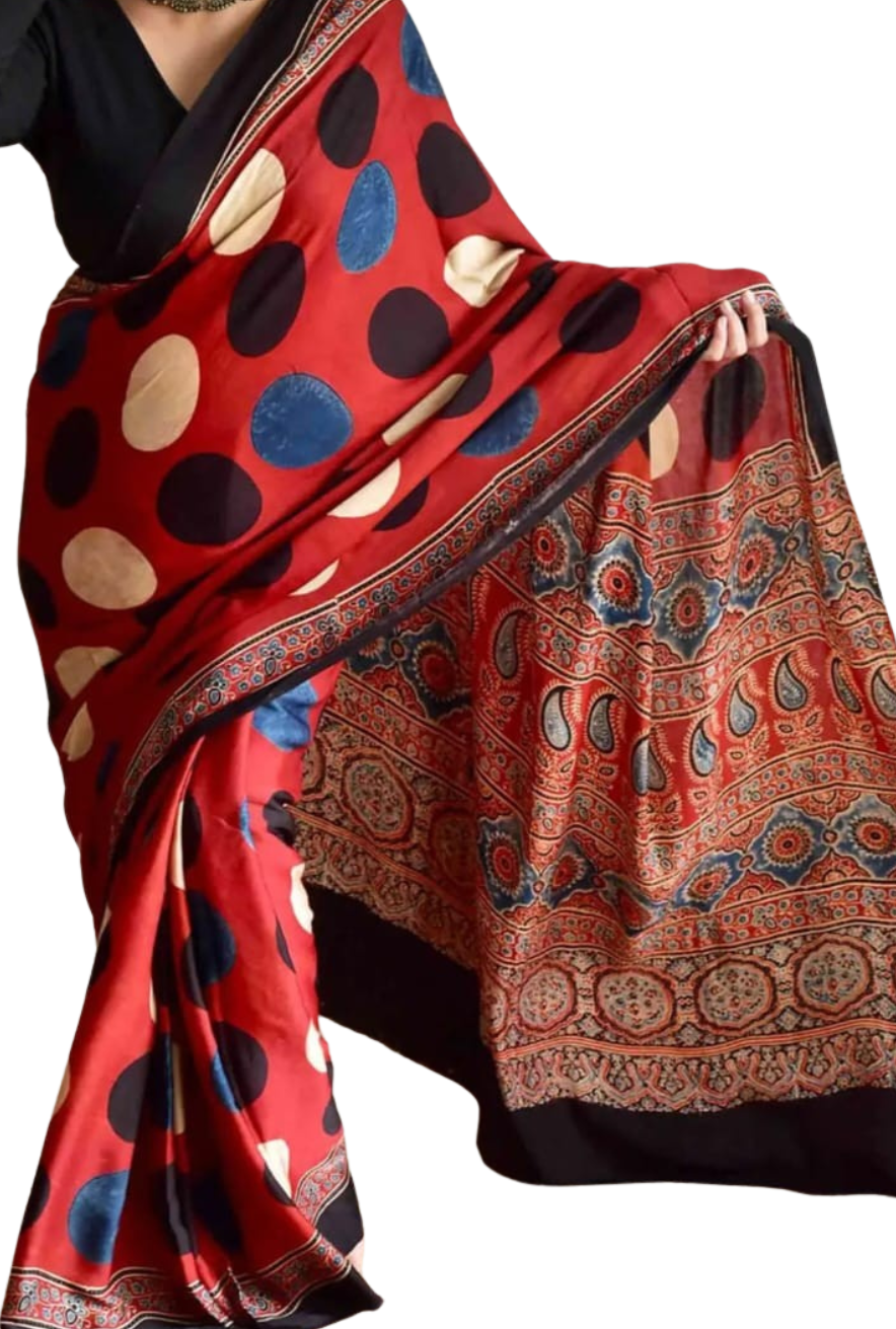 Authentic Ajrakh Saree | Pure Modal Silk | Hand Block Printed | Kutch Gujarat