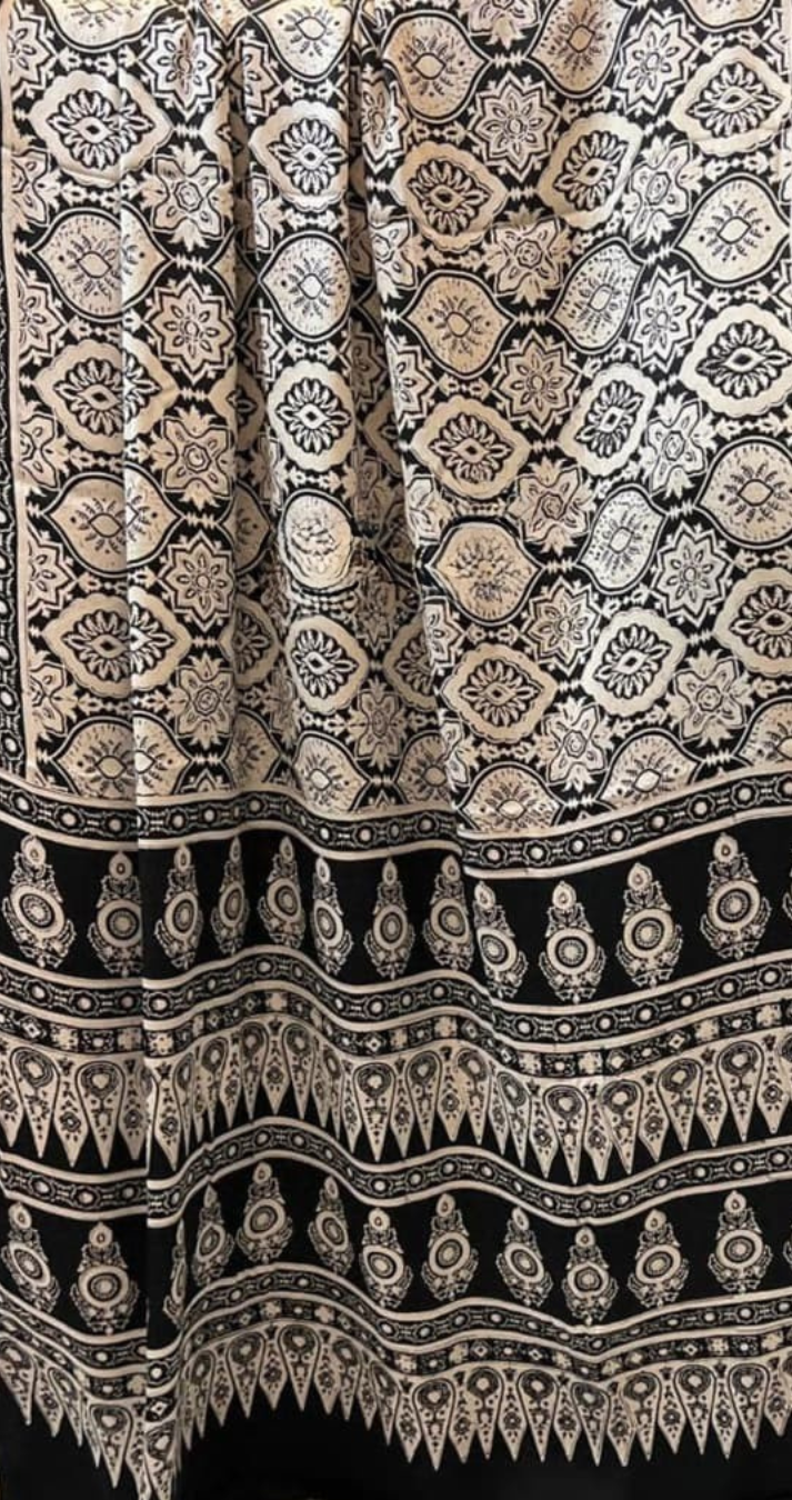 Authentic Ajrakh Saree | Pure Modal Silk | Black | Kutch Gujarat