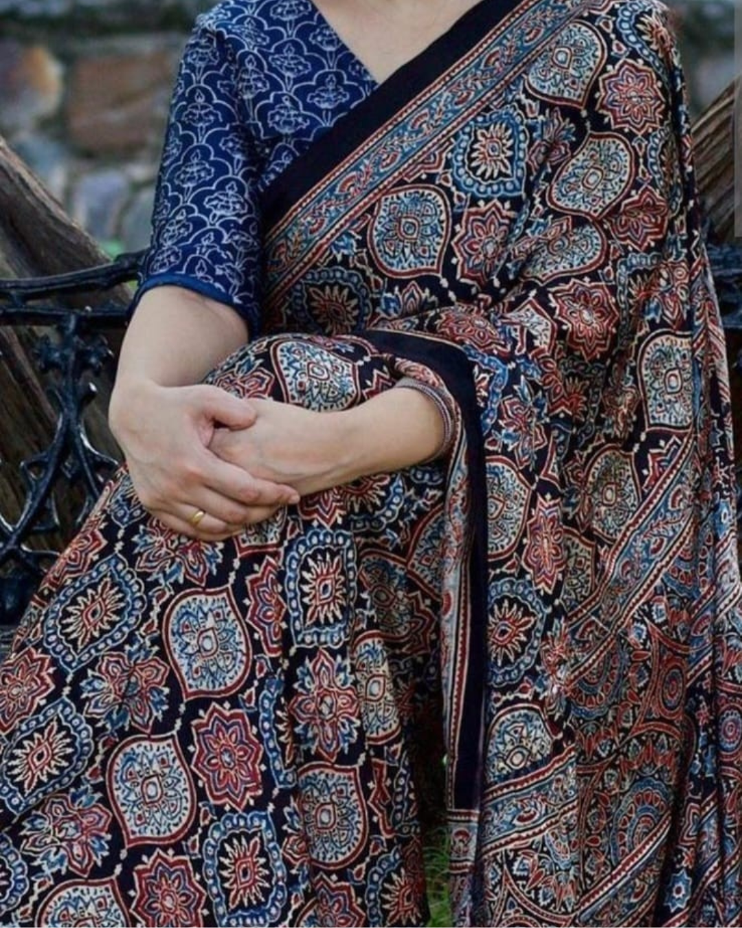 Authentic Ajrakh Saree | Pure Modal Silk | Indigo Blue | Contrast Blouse | Kutch Gujarat