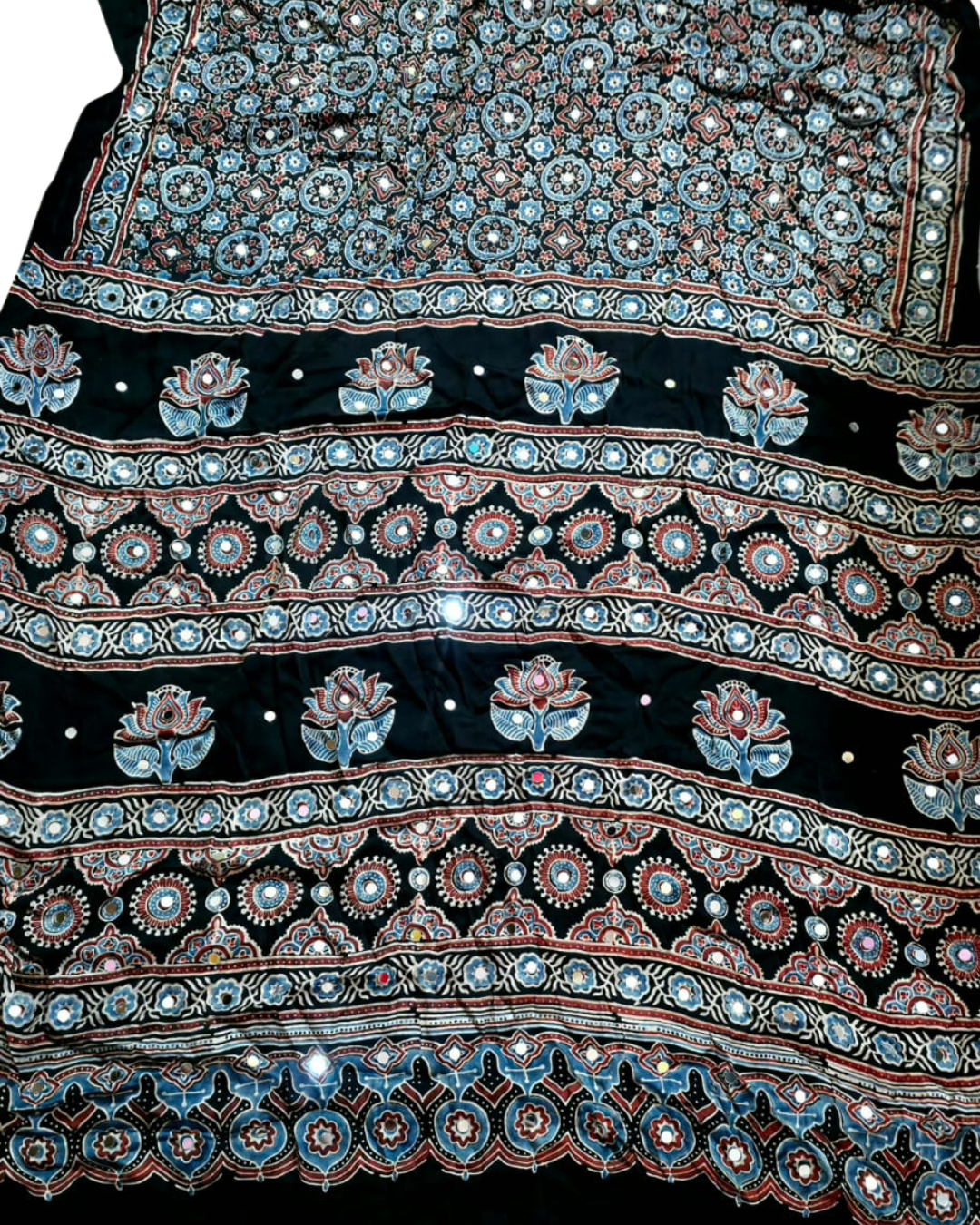 Black Ajrakh Mirror Work Pure Modal Silk Saree | Natural Vegetable Dye | Hand-Block Print