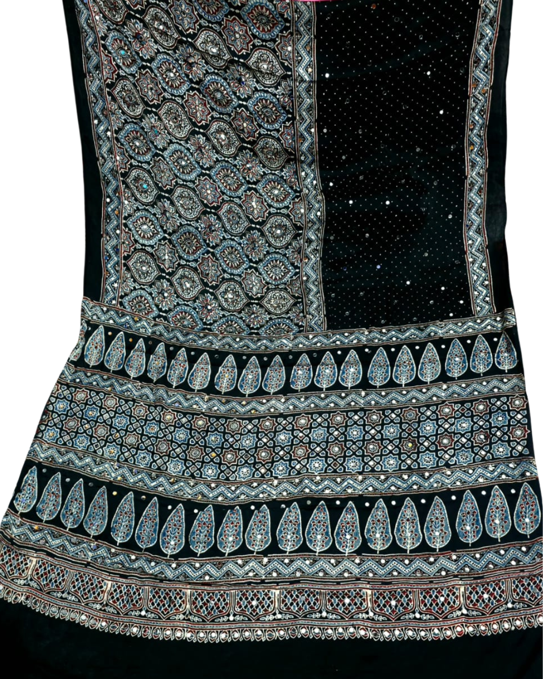 Black & Indigo Ajrakh Mirror Work Pure Modal Silk Saree | Natural Vegetable Dye | Hand-Block Print
